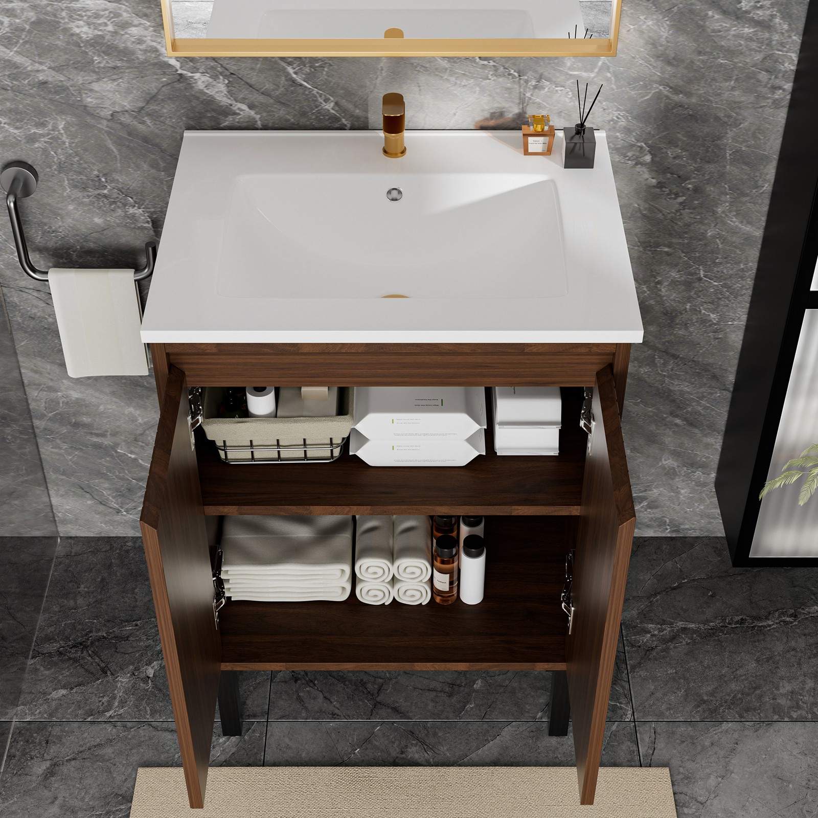 24″ Bathroom Vanity with White Sink Oak Finish Floor Standing