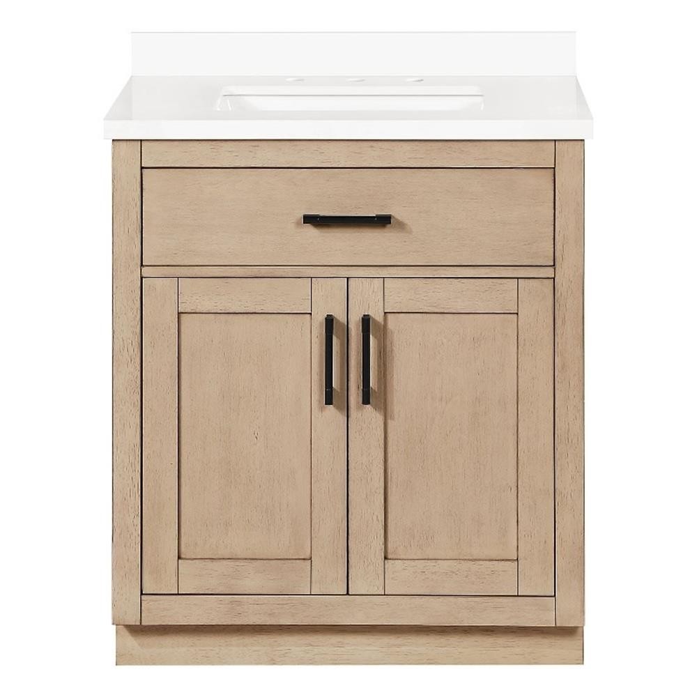 Pemberly Row 30″ Bathroom Vanity in Sahara Birch with White Countertop