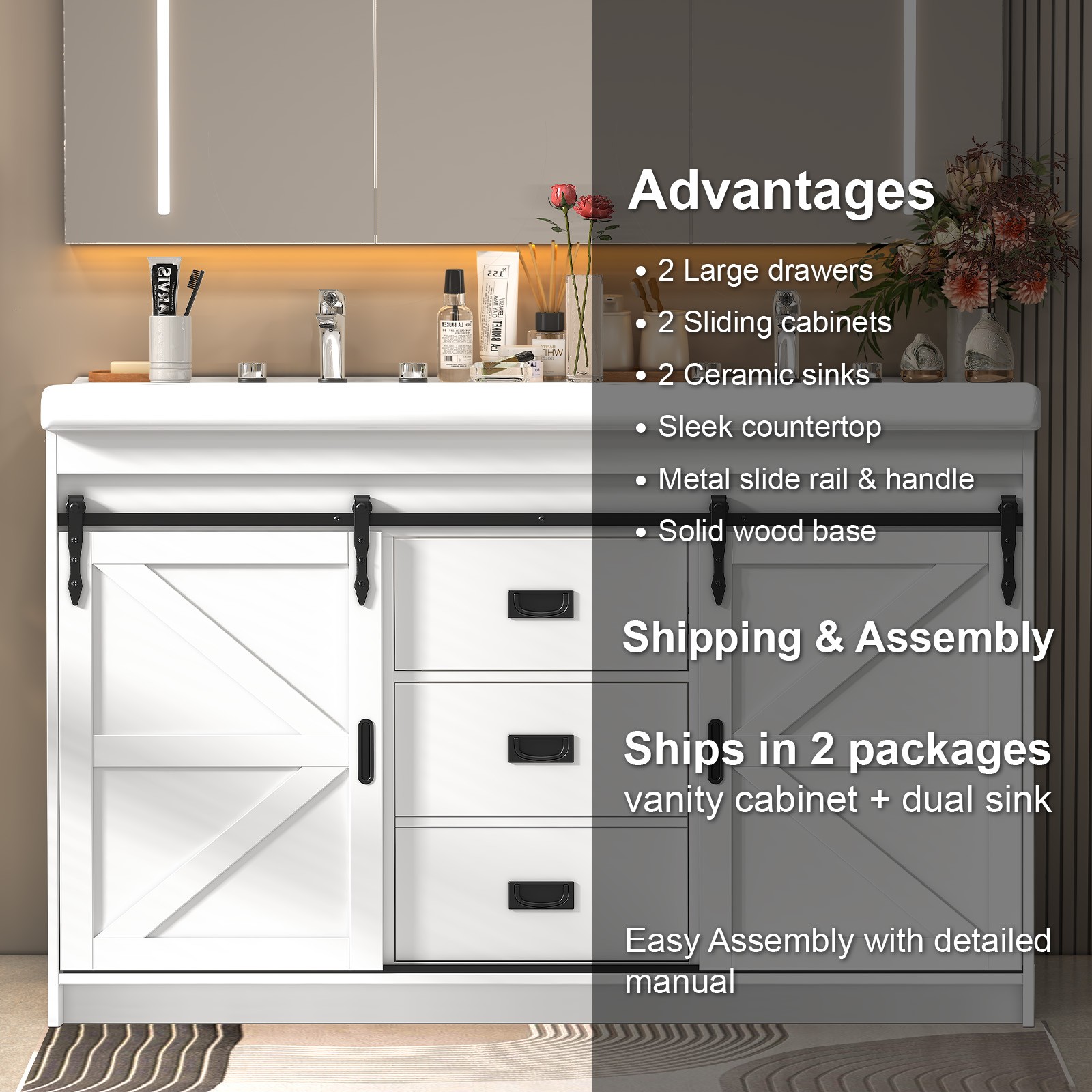 47 inch Bathroom Vanity Cabinet Double Ceramic Sink w/ Sliding Doors + Drawers