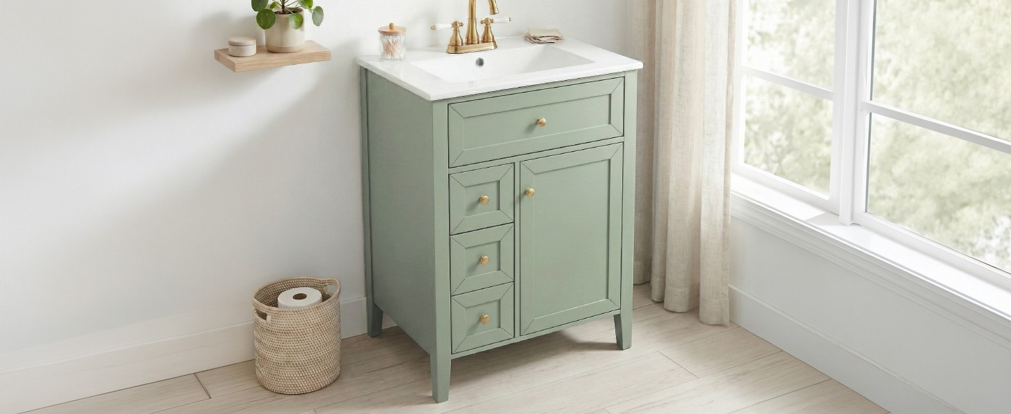 24″ Light Green Bathroom Vanity with Ceramic Sink and Storage Drawers