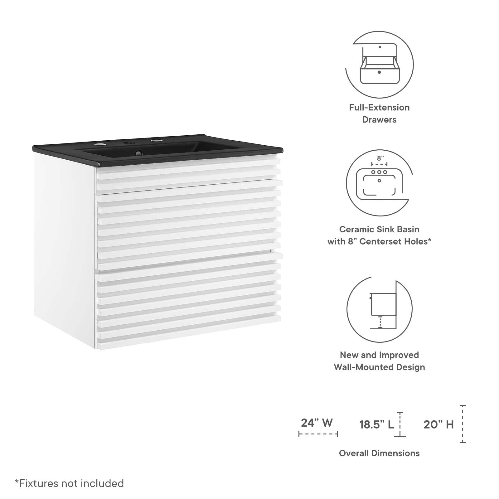 Modway Render 24″ Wall-Mount Bathroom Vanity in White Black