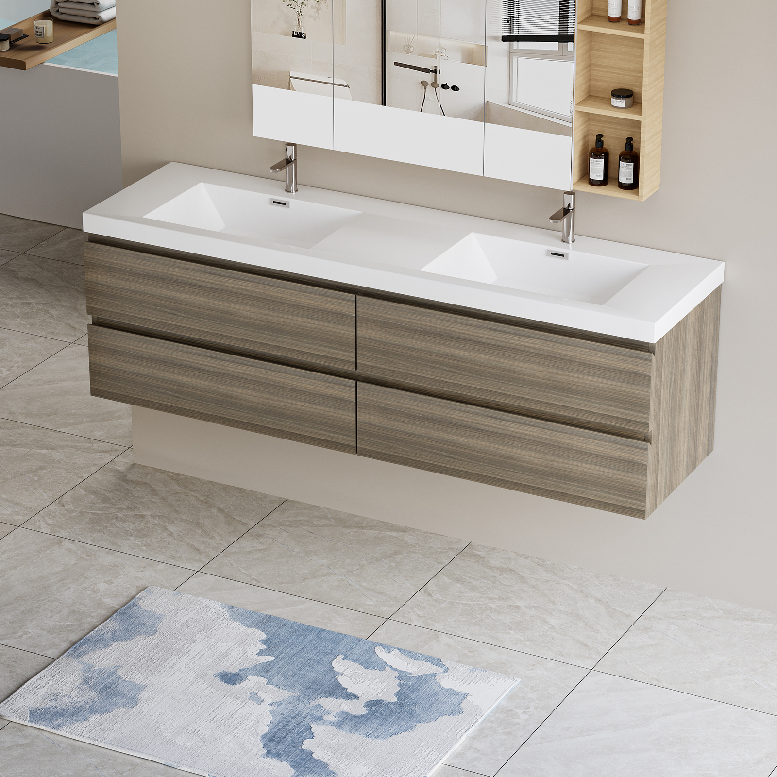 72 in Floating Wall-Mounted Bathroom Vanity W/ Resin Double Sink 4 Drawers Gray