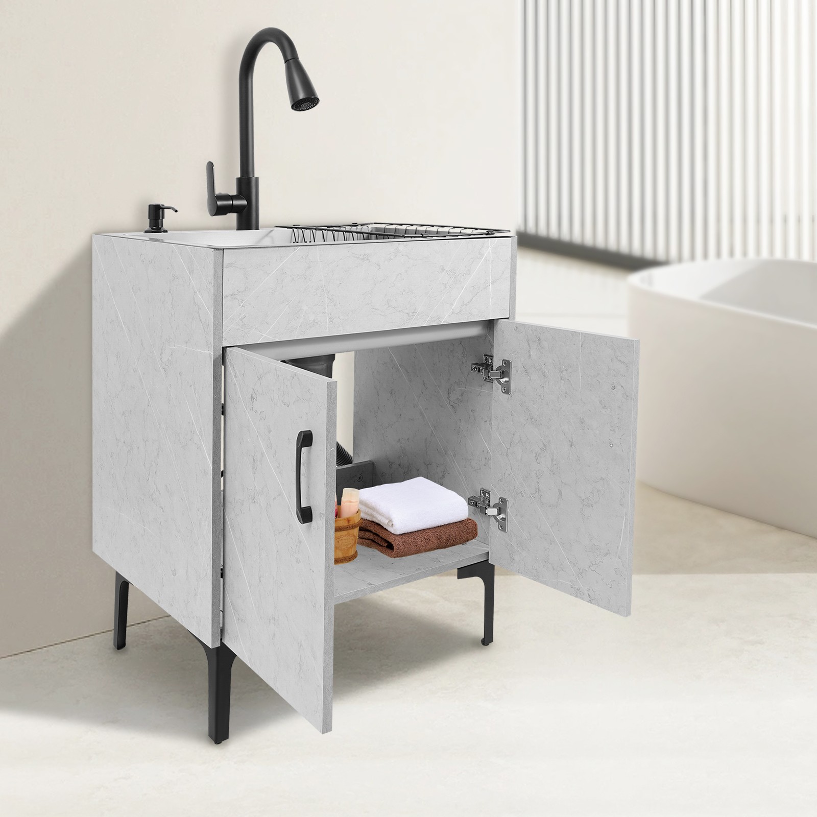 Grey Stainless Steel Sink & Freestanding Cabinet With Pull-Out Faucet