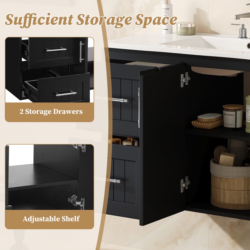 36″ Wall Mounted Bathroom Vanity w/Sink,Floating Vanity Cabinet,2 Drawers, Doors