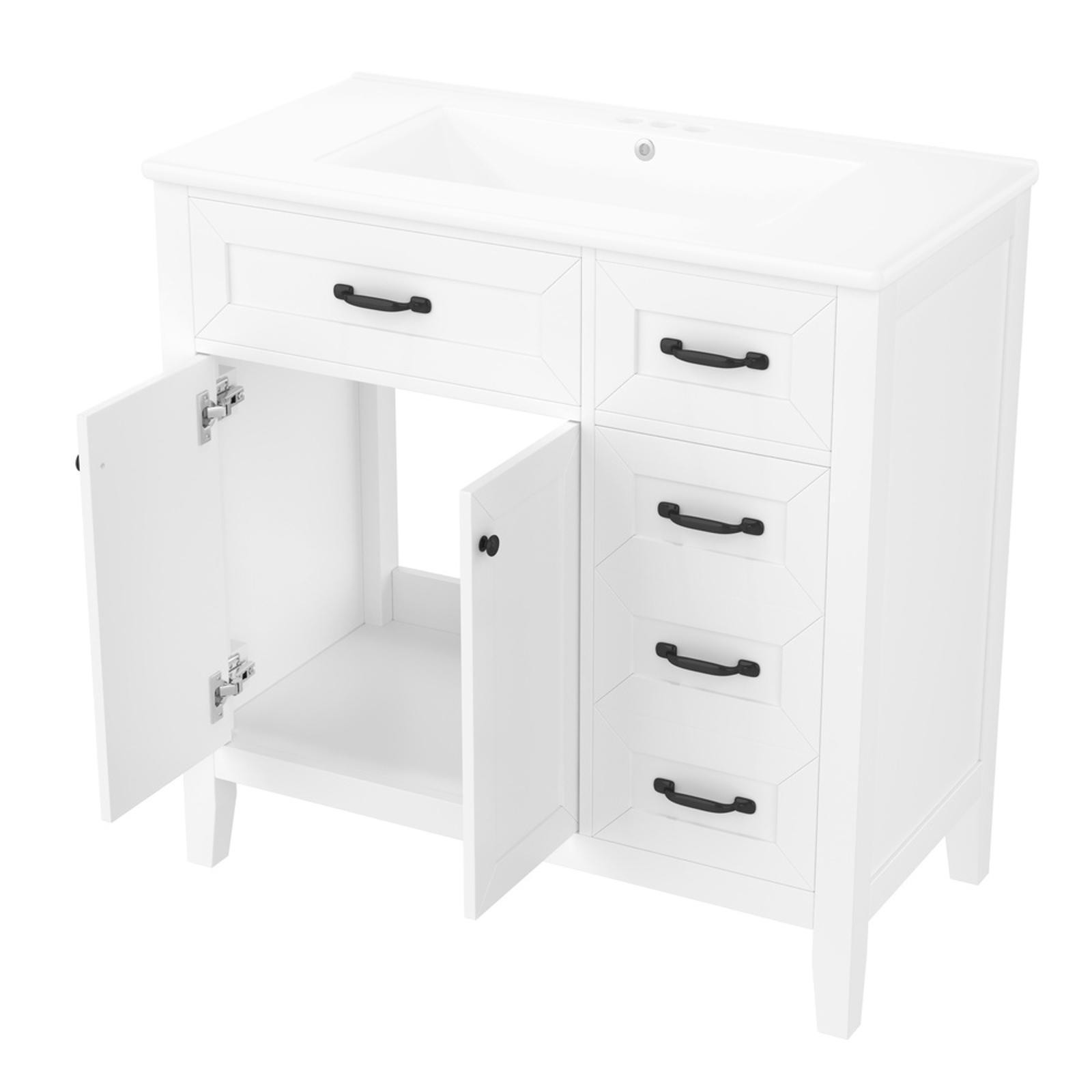 Freestanding 36″ Bathroom Vanity with Smooth Ceramic Sink, White Cabinet with