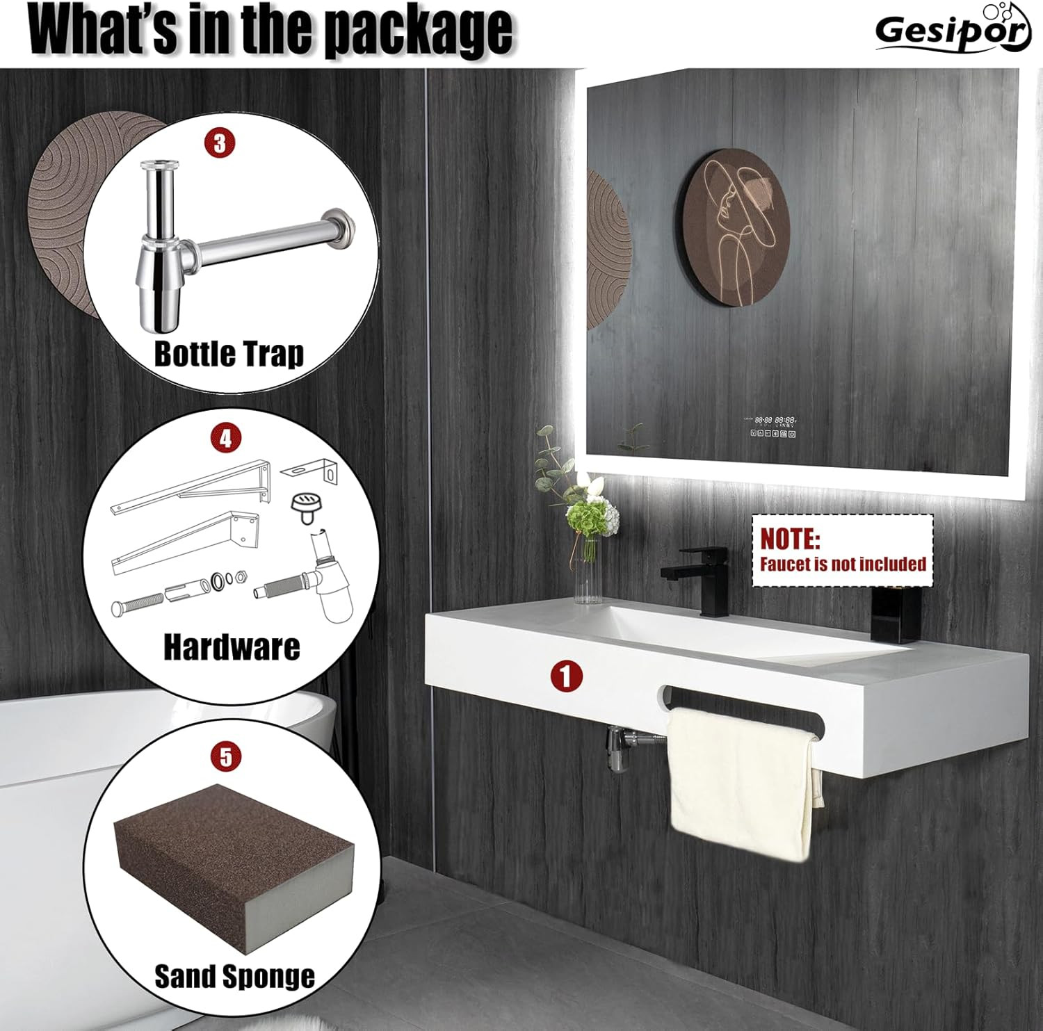 32″ Wall Mount Bathroom Vanity with White Stone Resin Vessel Sink