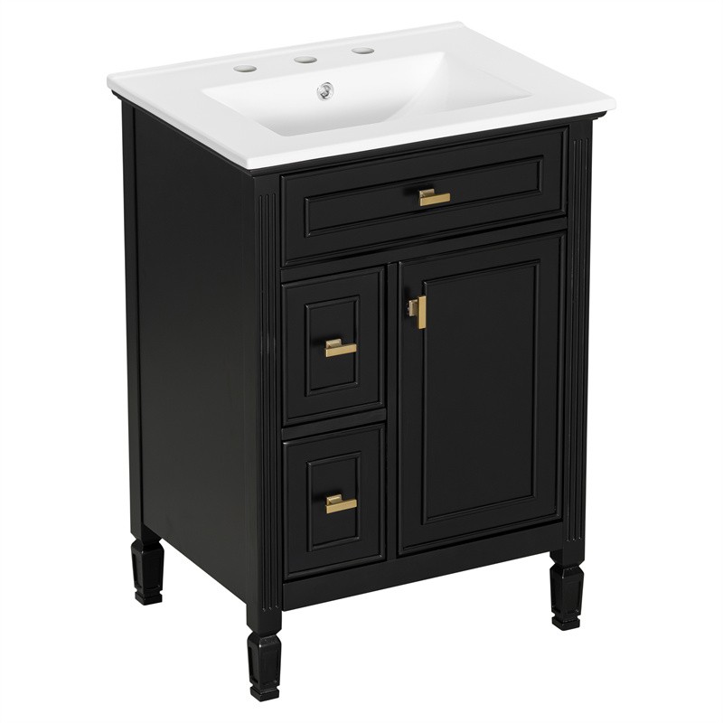 24-In Modern Bathroom Vanity with Ceramic Sink,Black Wood Cabinet with 3 Drawers