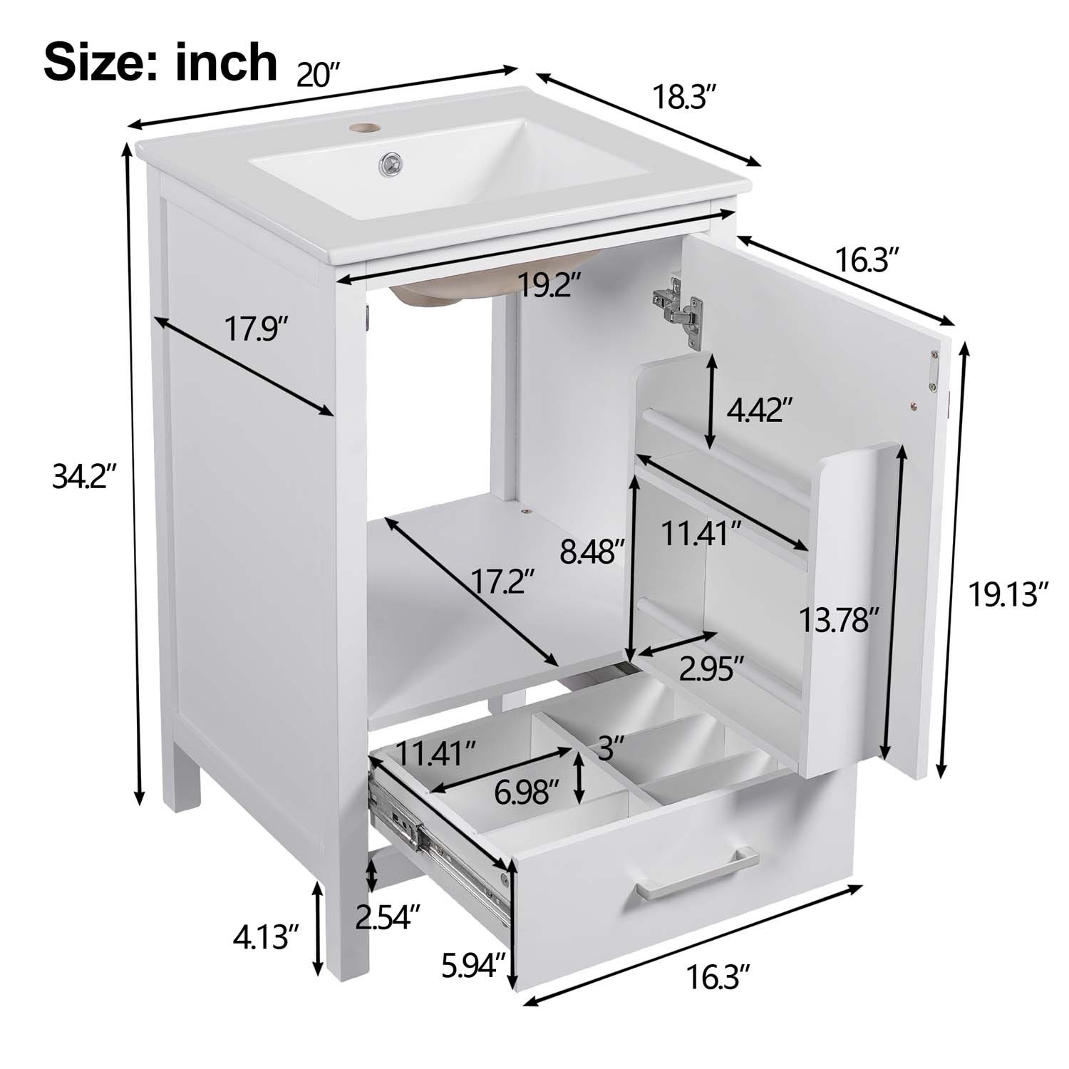 20″ Small Bathroom Vanity Ceramic Sink Combo Soft Close Storage Cabinet White
