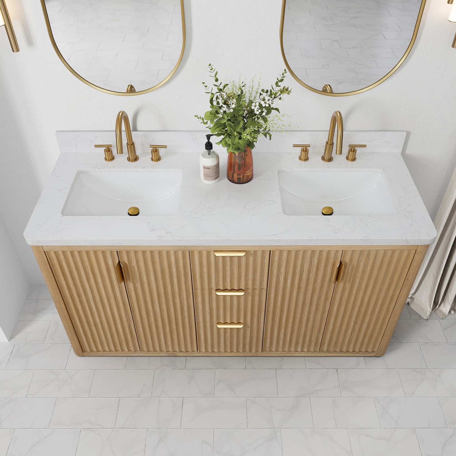 Cadiz 60″ Double Bathroom Vanity in Washed Ash Grey w/Lightning White top&Mirror