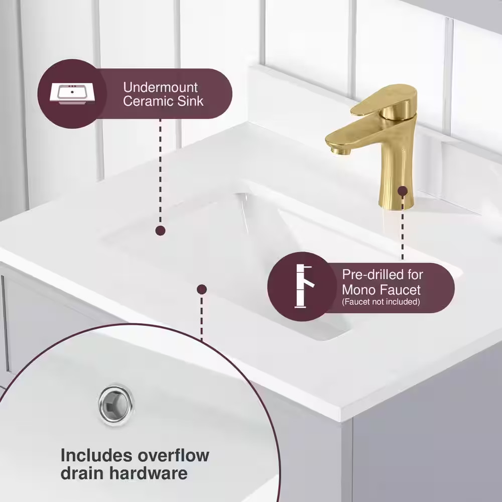 Bilston 24 In. Single Sink Freestanding Dove Gray Bath Vanity with White Enginee