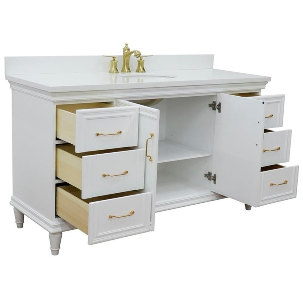 61 in. Single Wooden Vanity White with White Quartz Oval Sink