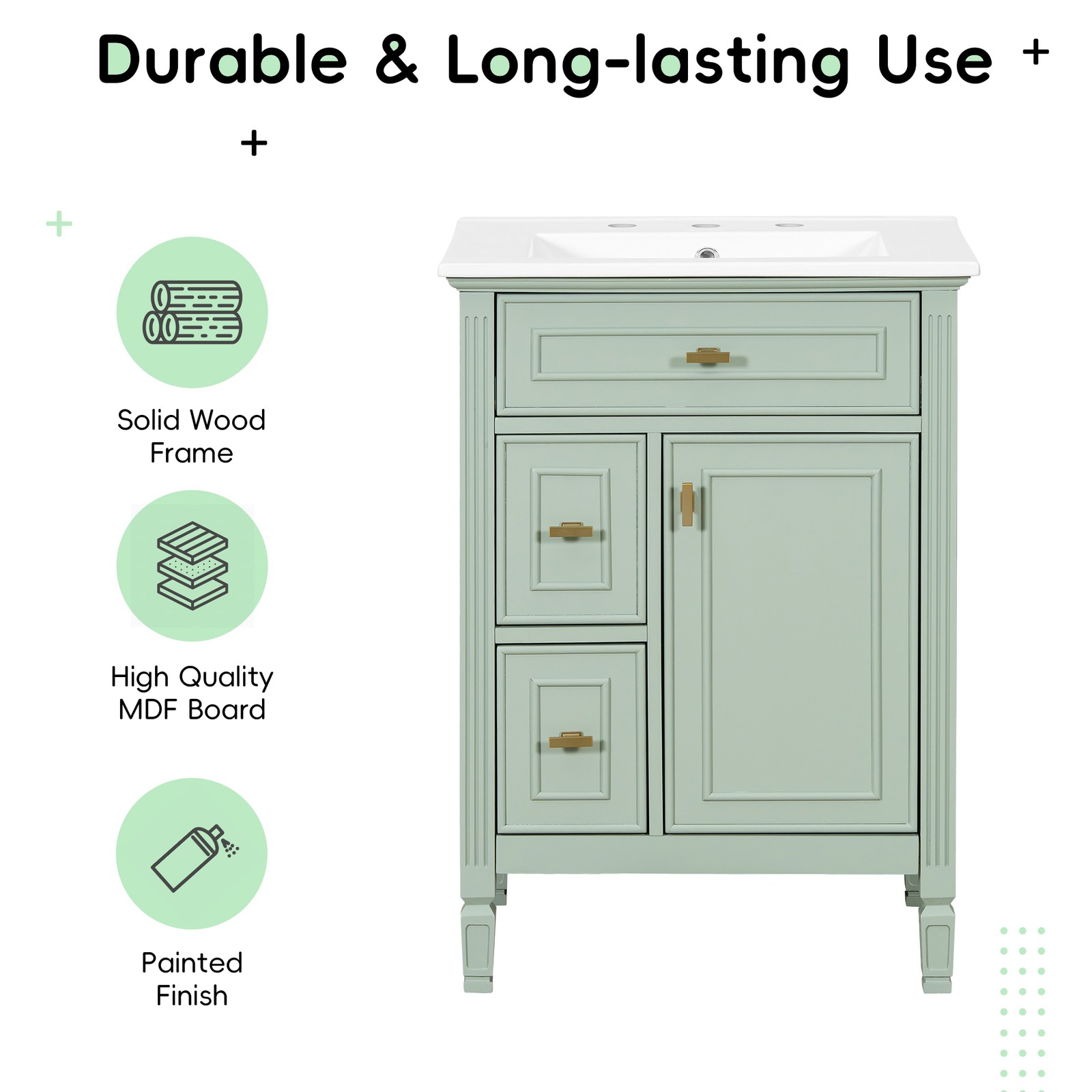 24″ Green Bathroom Vanity with Sink, Solid Wood & MDF Cabinet