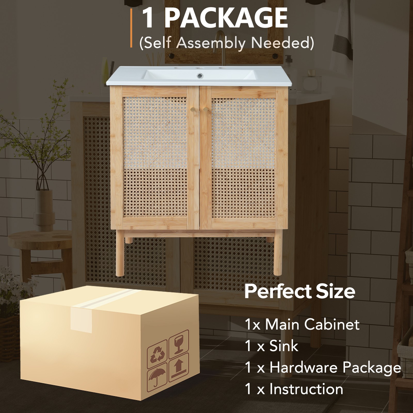 30″ Bathroom Vanity with Rattan Doors, Ceramic Basin, Soft-Close