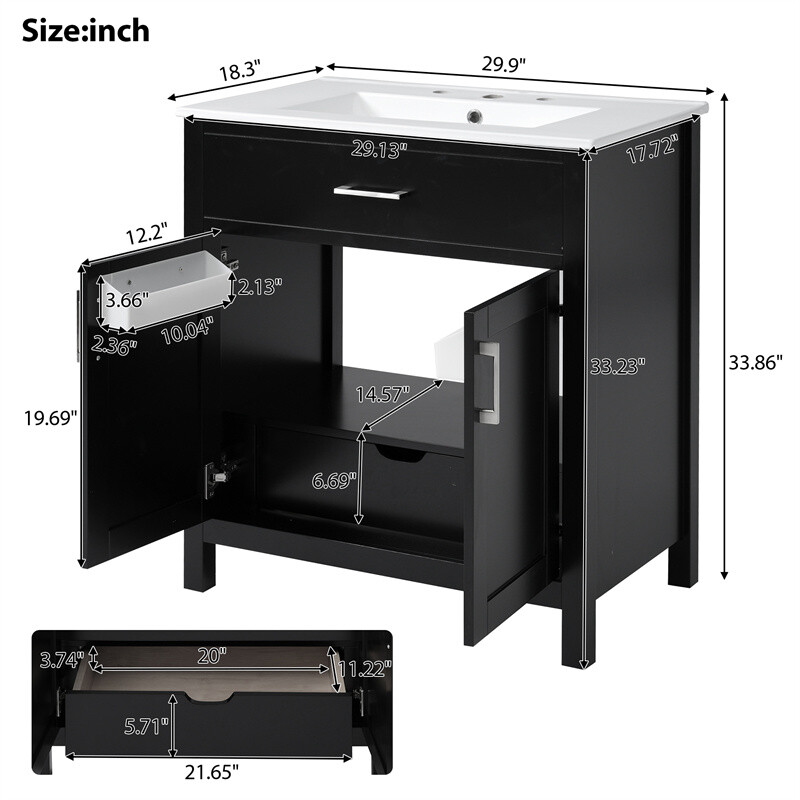 30″ Bathroom Vanity with Ceramic Sink and Storage Cabinet Built-in Drawe & Doors