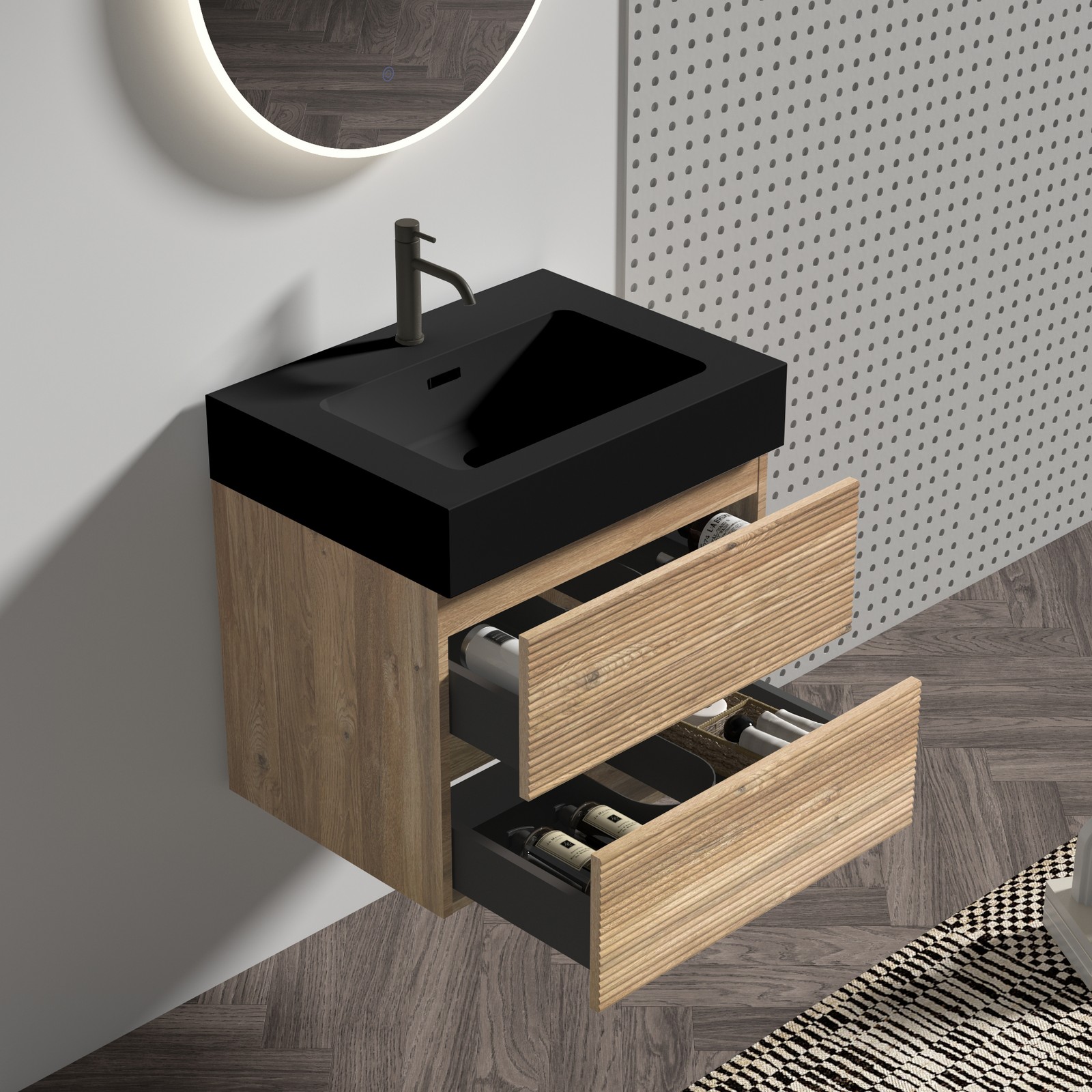 24″ Rough Oak Floating Bathroom Vanity with Black Sink & Drawers