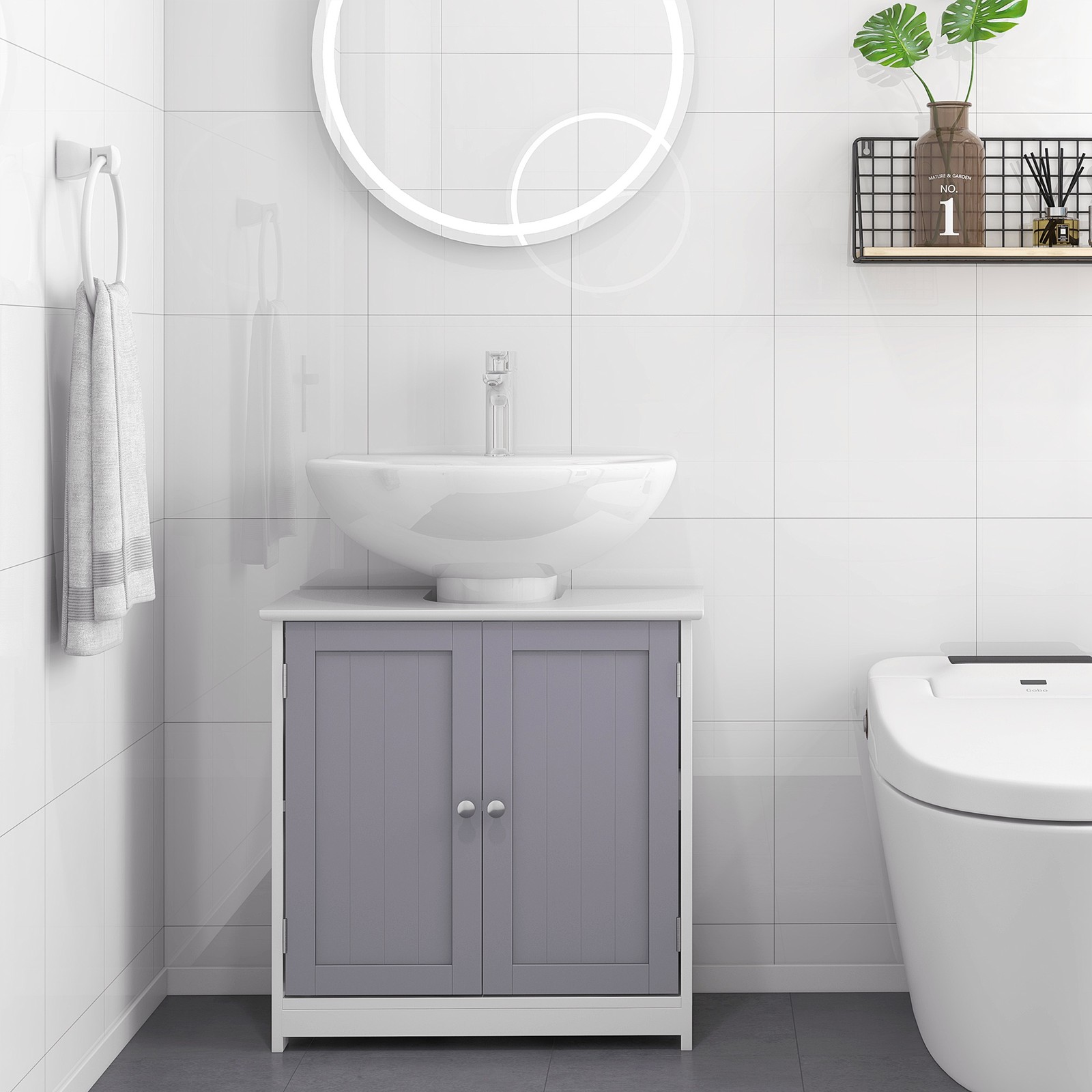 Under Sink Storage Cabinet, White & Gray Bathroom Vanity w/ Adjustable Shelf,