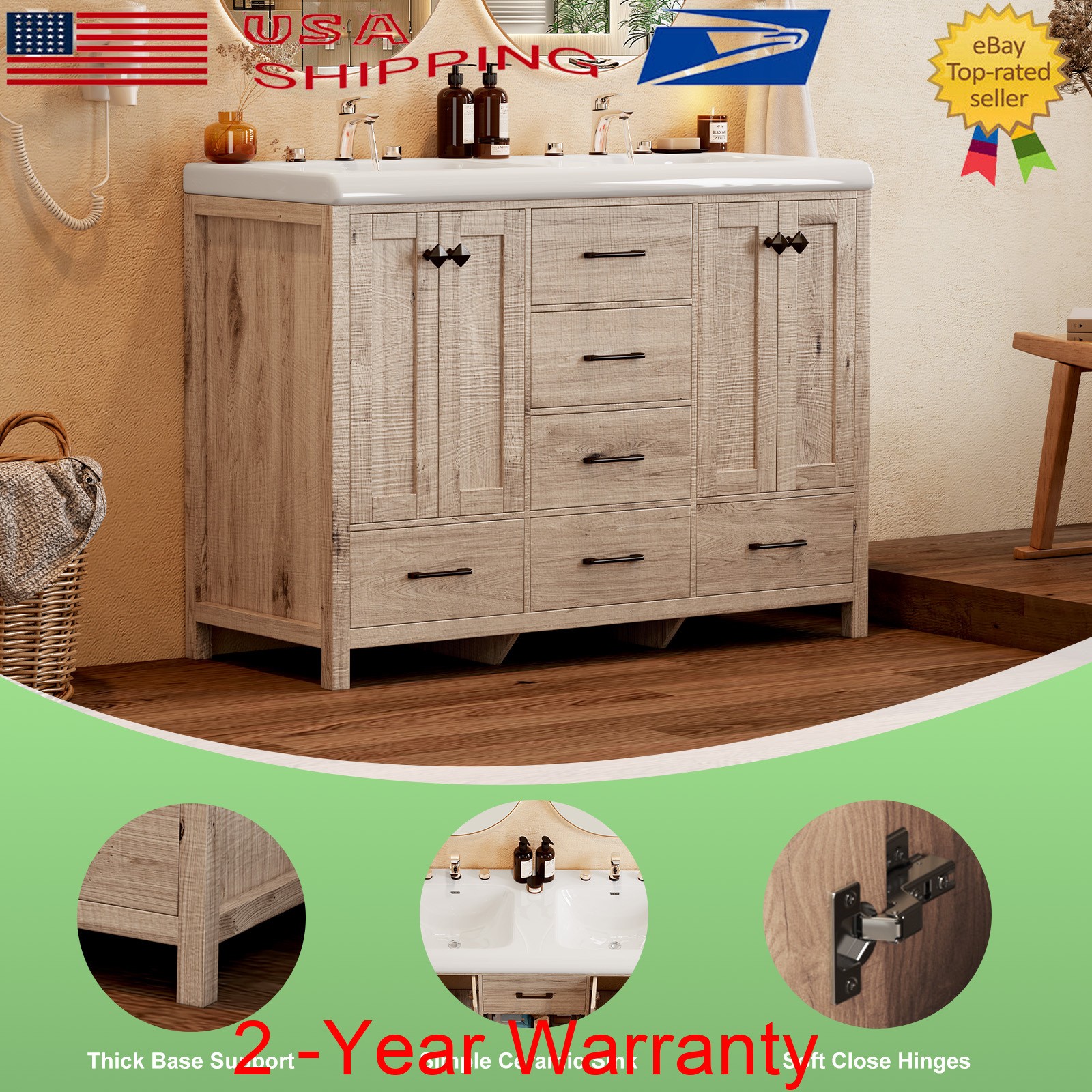 47.3″ Bathroom Vanity Set Double Sink Ceramic Storage Cabinet Drawers Wood Grain