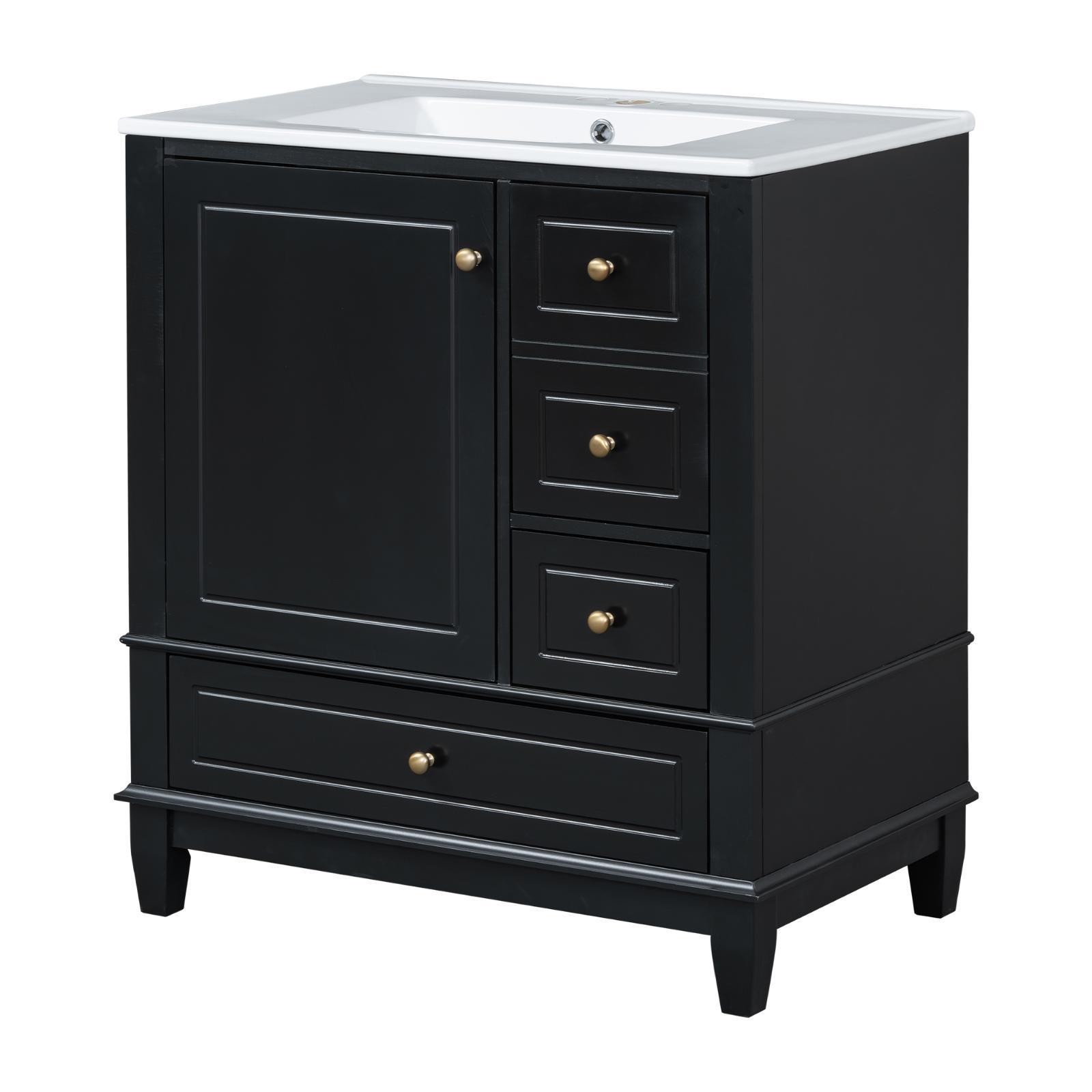 Elegant Black Bathroom Vanity with Real Wood & MDF Build, Ceramic Sink,