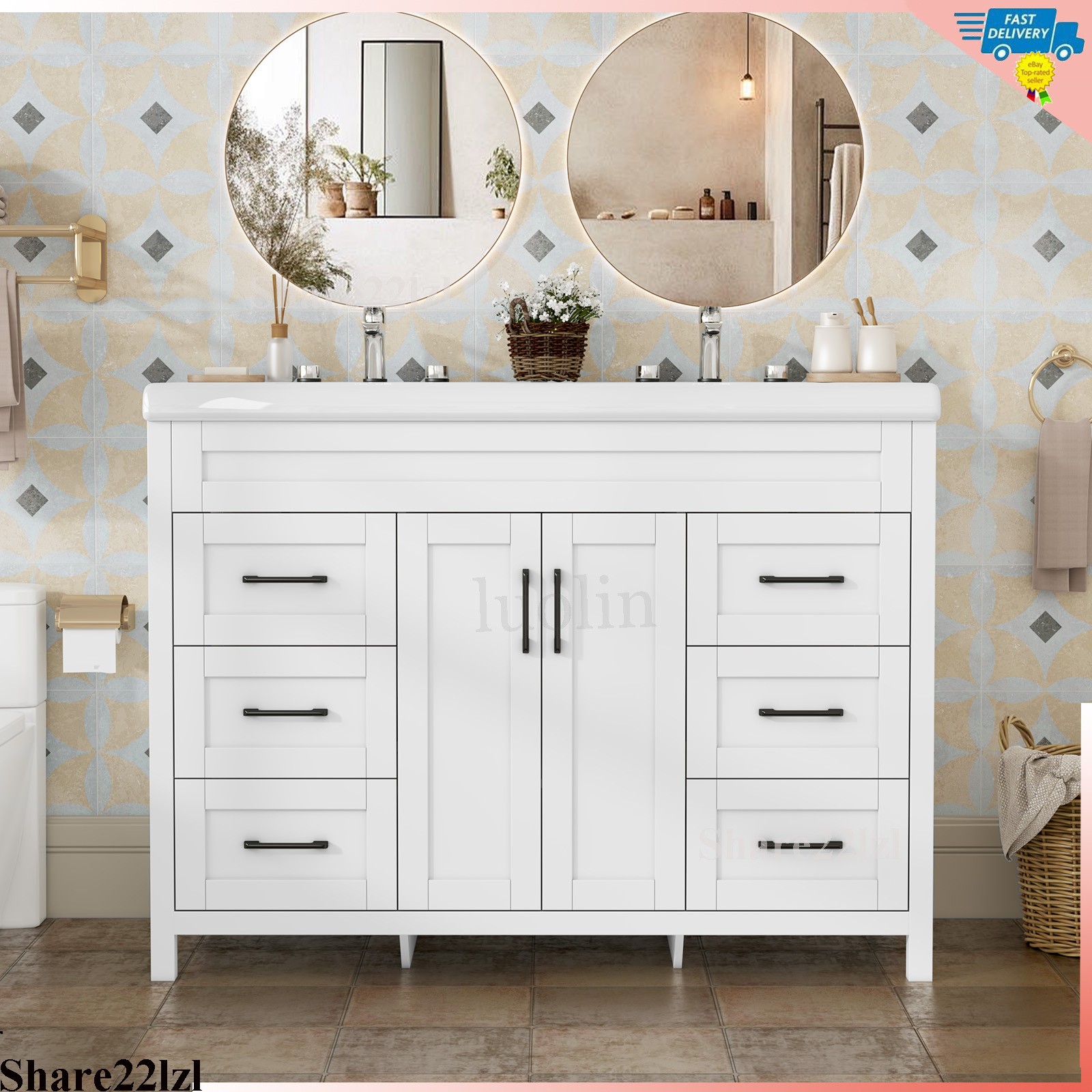 47″ Bathroom Vanity Cabinet White Freestanding Drawers with Double Sink Ceramic