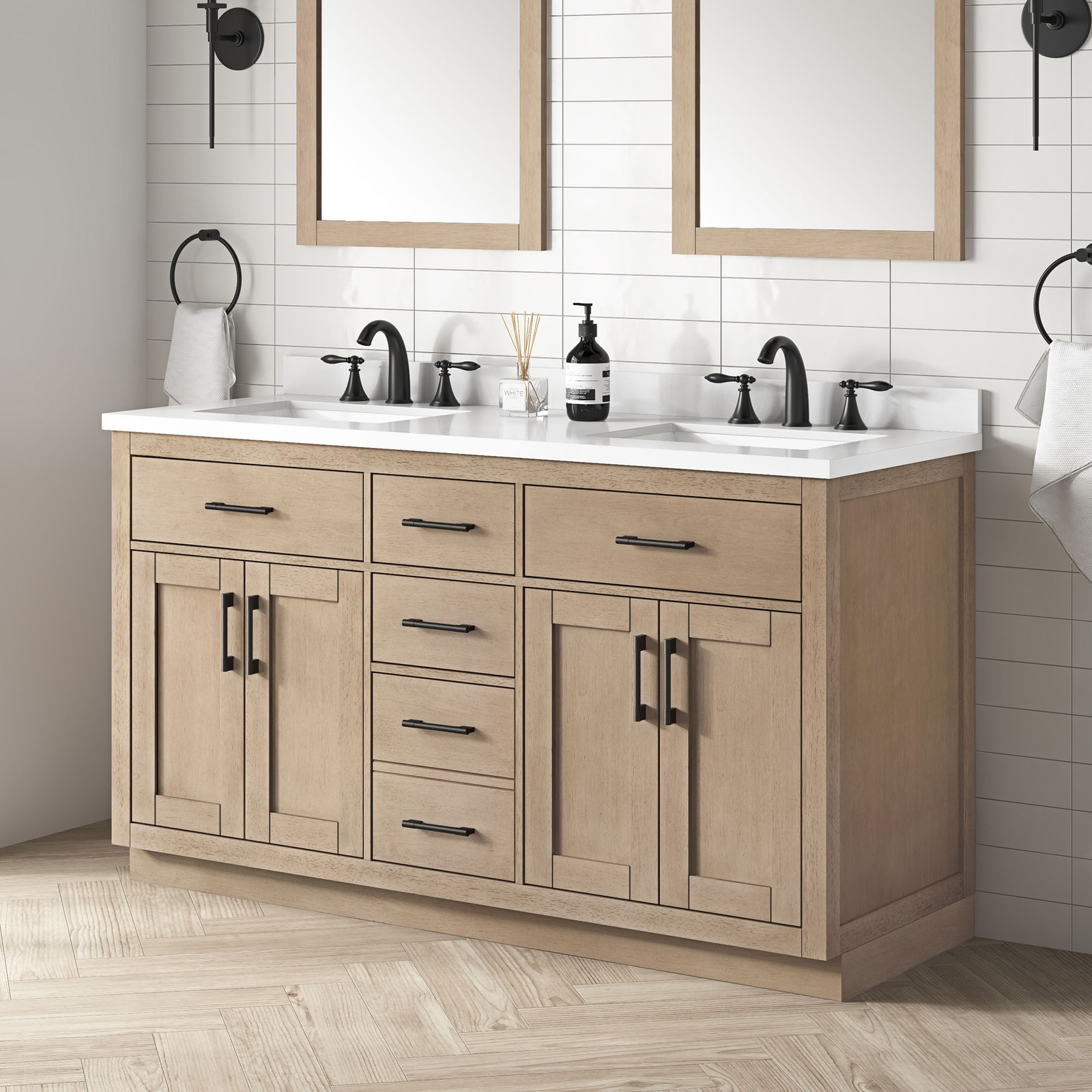 Bailey 60″ Double Bathroom Vanity in Sahara Birch with White Countertop