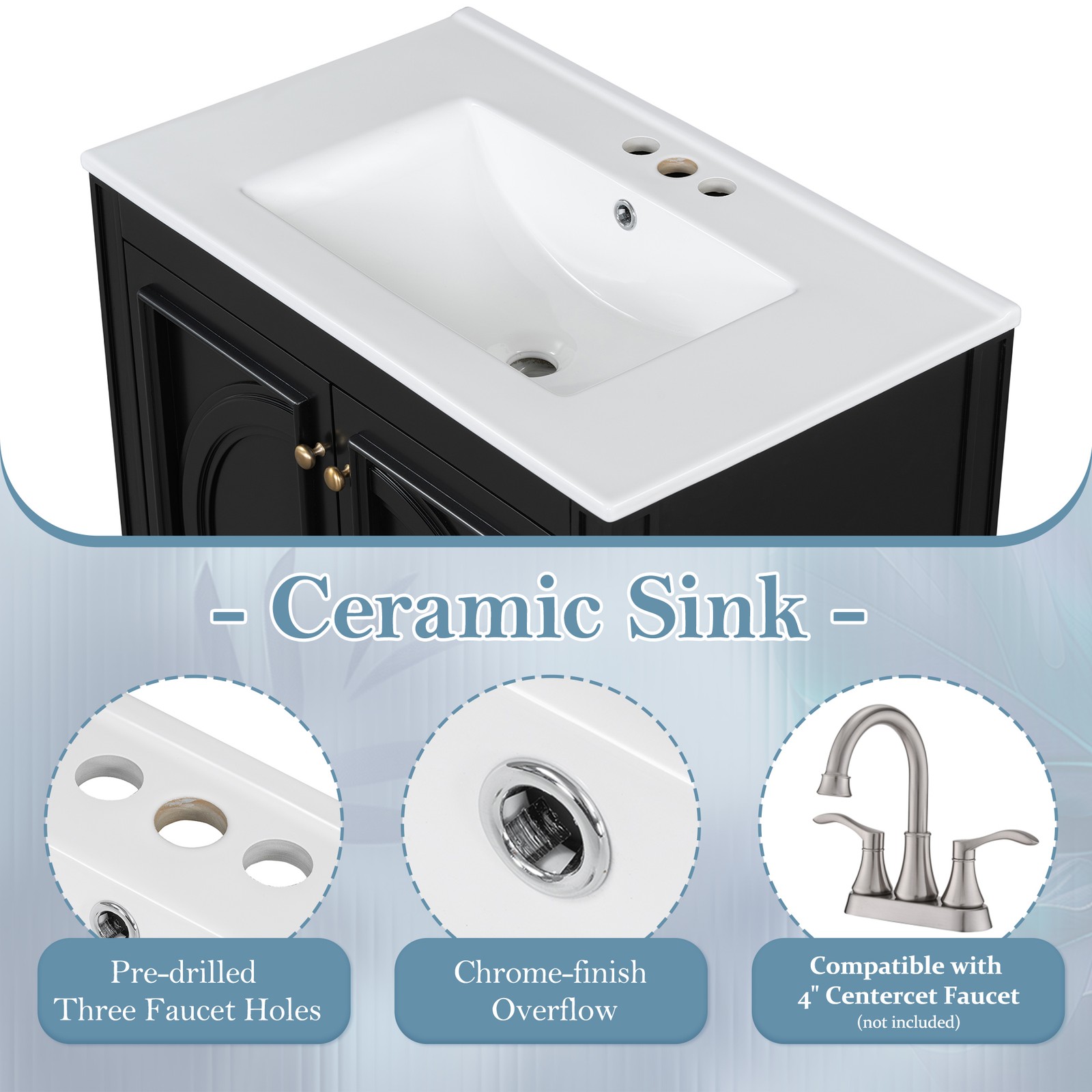 60″ Bathroom Vanity with Double Sink, Ceramic Sink, Soft Close Doors, Black