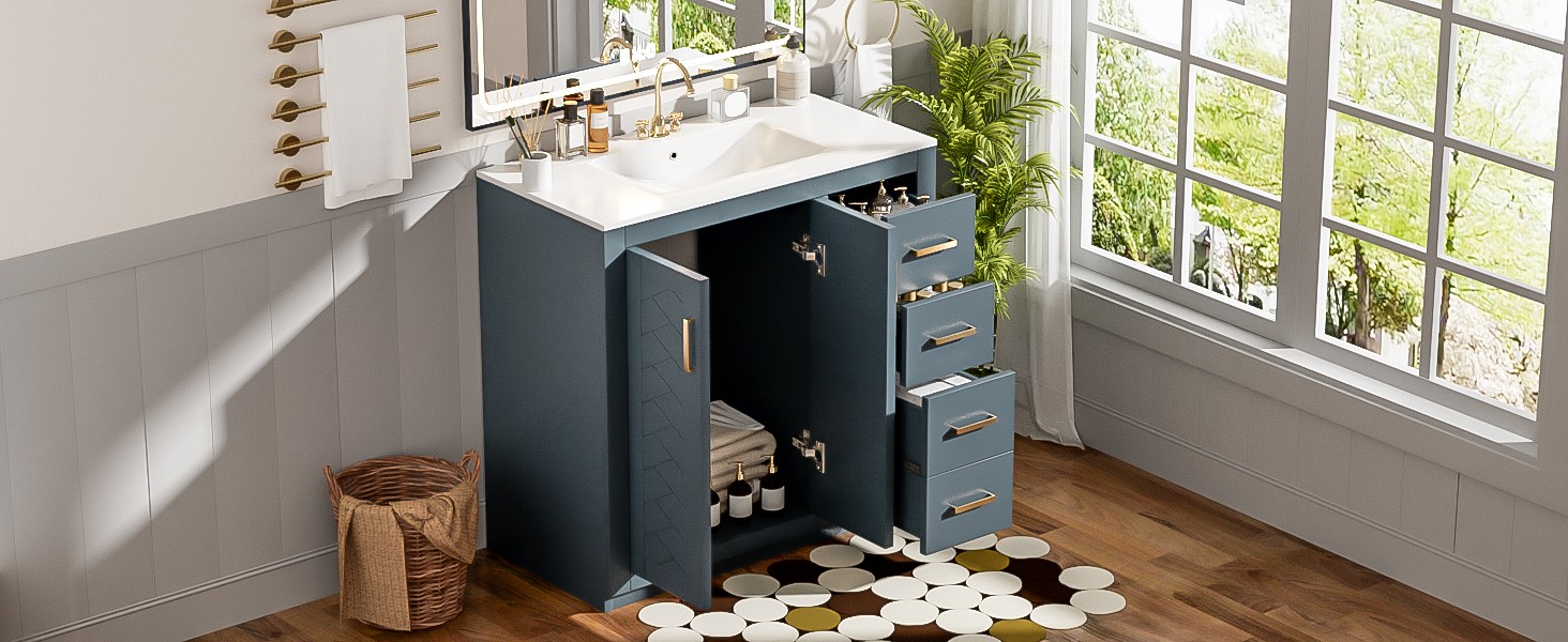 36″ Bathroom Vanity with Ceramic Sink, Solid Wood Frame, 3 Drawers & Doors