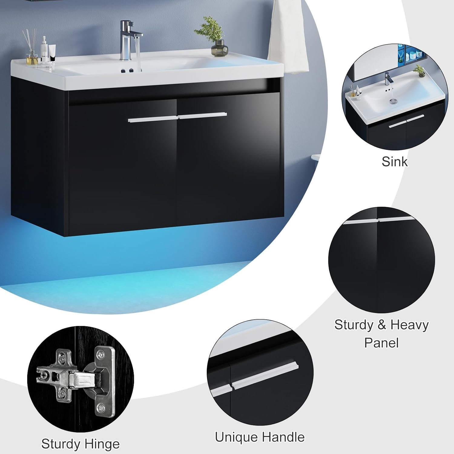 4Ever2Buy 31″ Black Floating Vanity w/ Sink LED Light 2 Doors