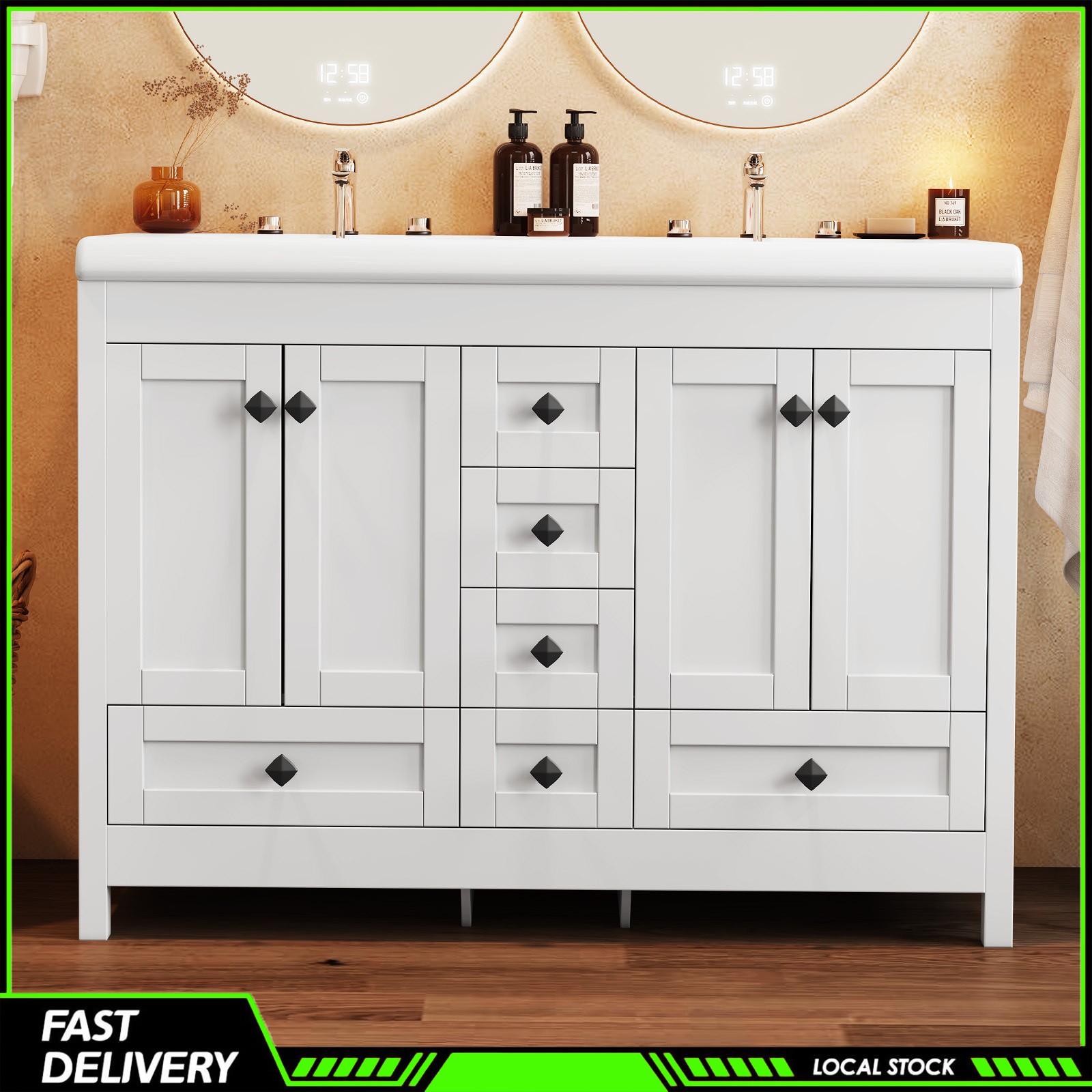 47 Inch White Modern Bathroom Vanity Double Ceramic Sinks Freestanding 5 Drawers