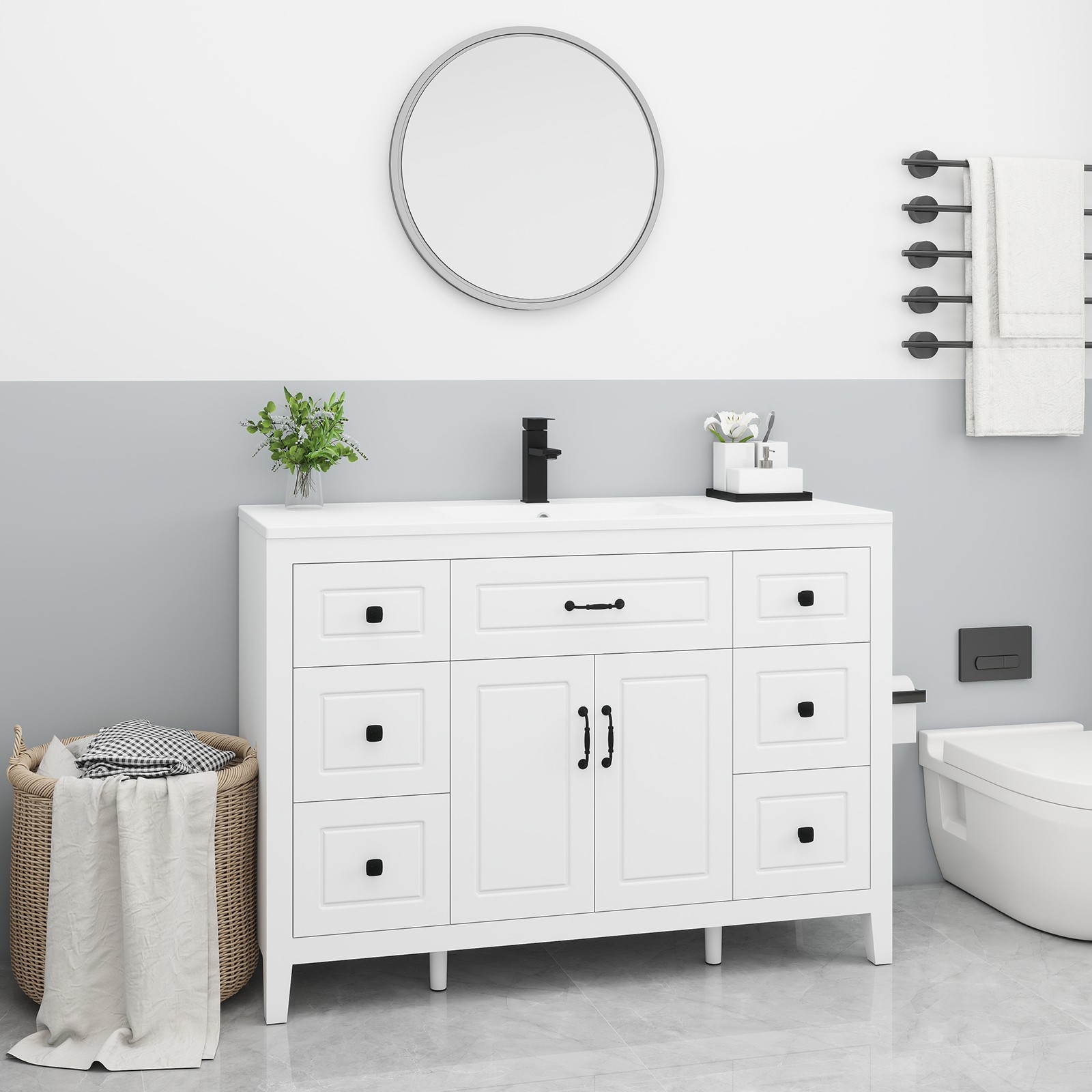 48″Bathroom Vanity with Sink Soft Close 2 Doors and 6 Drawers Freestanding White