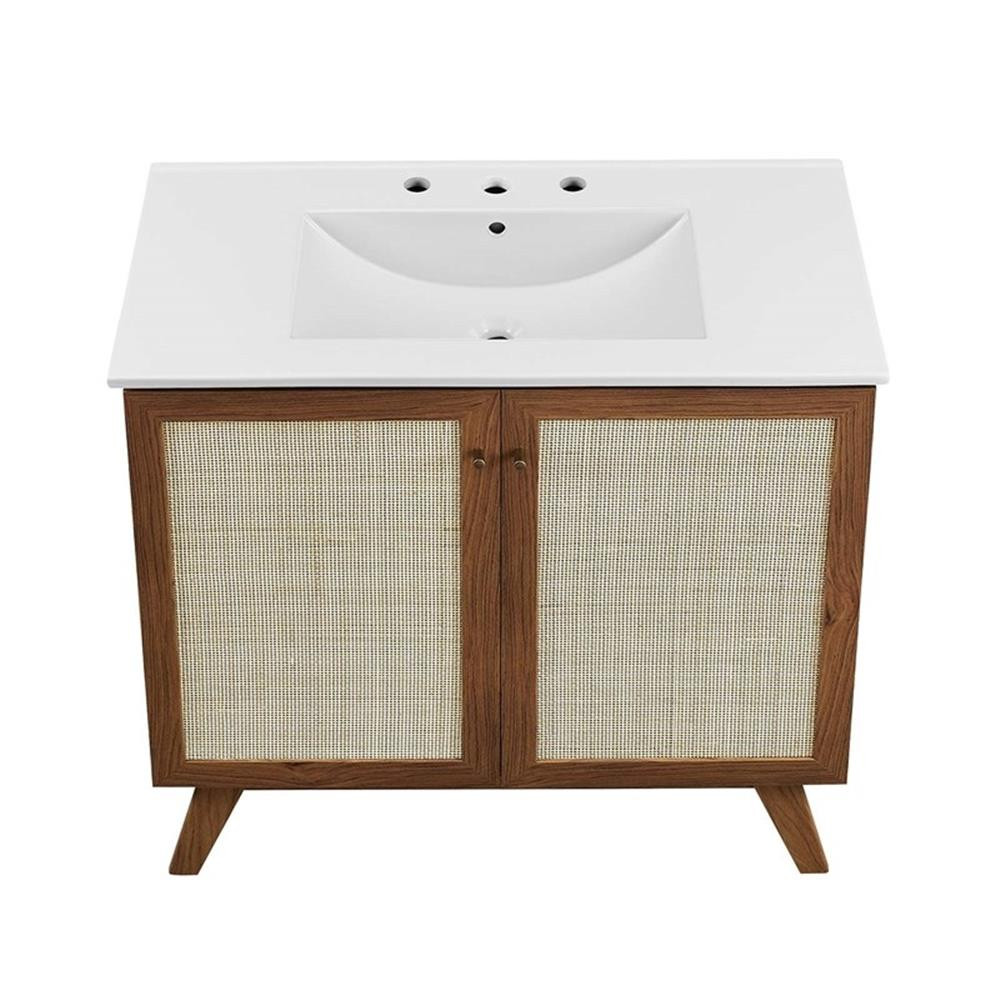 Modway Soma 36″ Modern Wood Bathroom Vanity with Rattan Door in Walnut/White