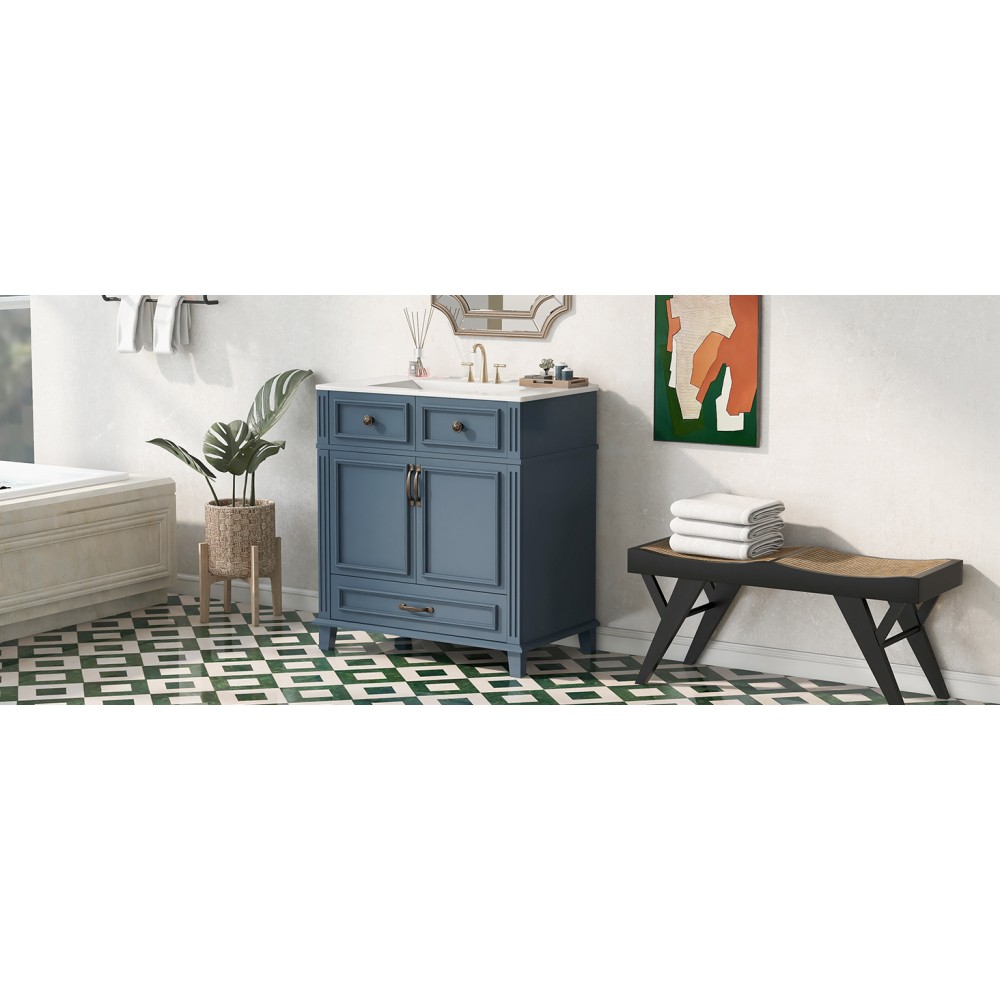 30” Bathroom Vanity with Ceramic Sink,Solid Wood Frame Bathroom Storage Cabinet