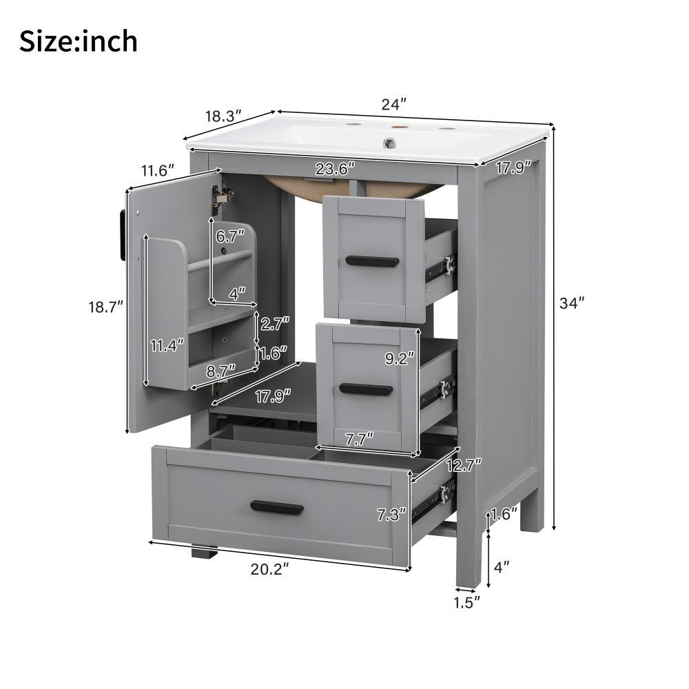 Bathroom vanity with sink Features double-door cabinet Includes three drawers