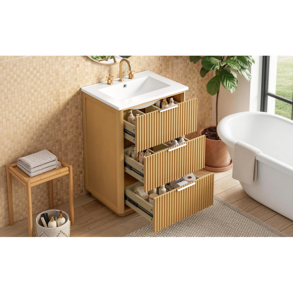 24 inch Modern Luxury Bathroom Vanity with Ceramic Sink, Open Shelf and Storage