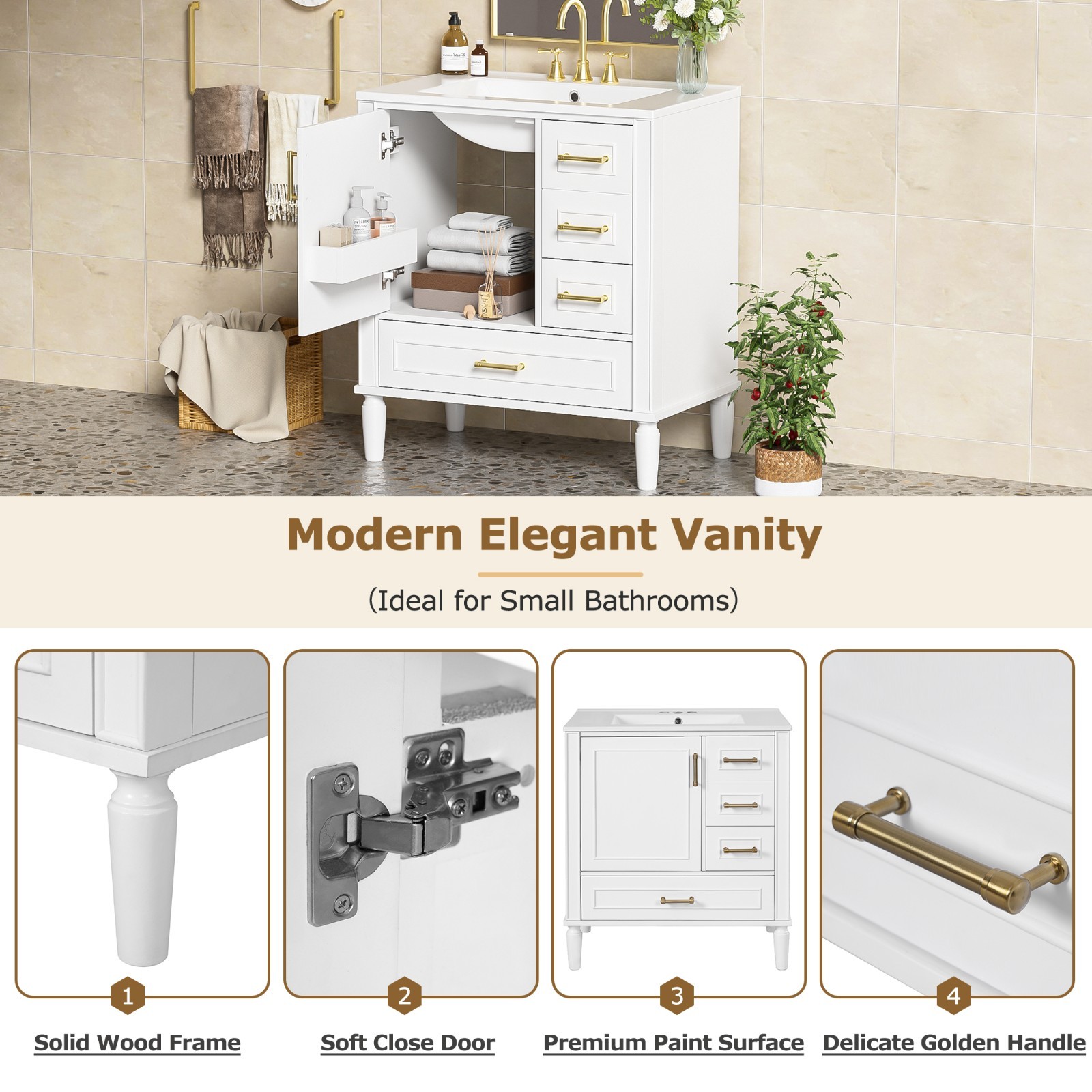 30″White Bathroom Sink Vanity Ceramic Basin Floor Standing Bathroom Cabinet Sink