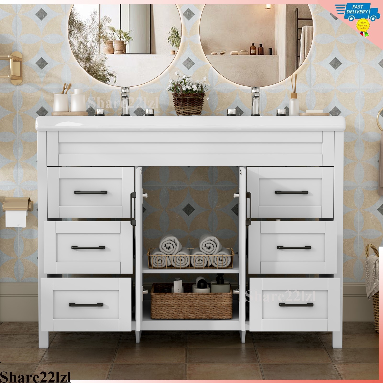47″ Bathroom Vanity Cabinet White Freestanding Drawers with Double Sink Ceramic