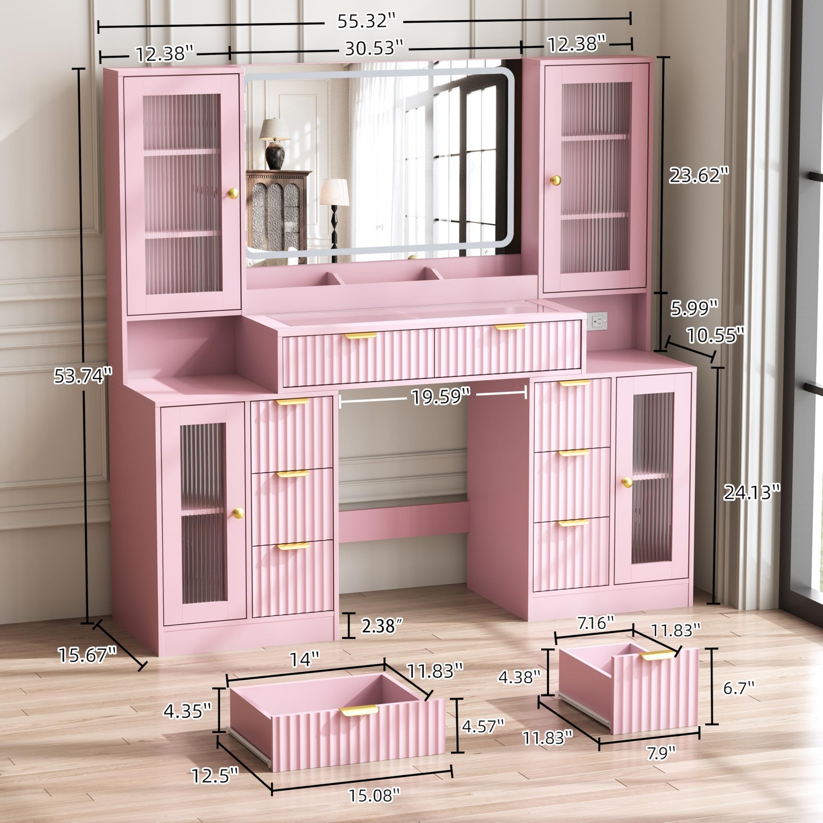 55in Fluted Vanity Desk w/ Mirror Lights 8 Drawers RGB Dimmable Charging Station