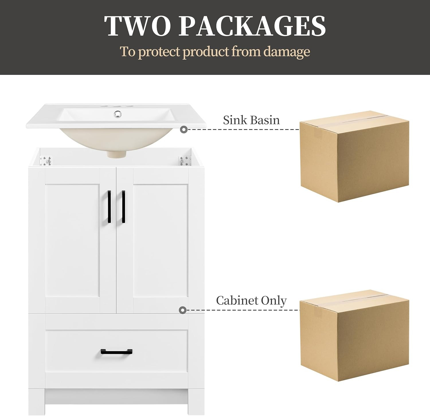24.5″ Modern Bathroom Vanity with Ceramic Basin, Undermount Vanity Sink Cabinet