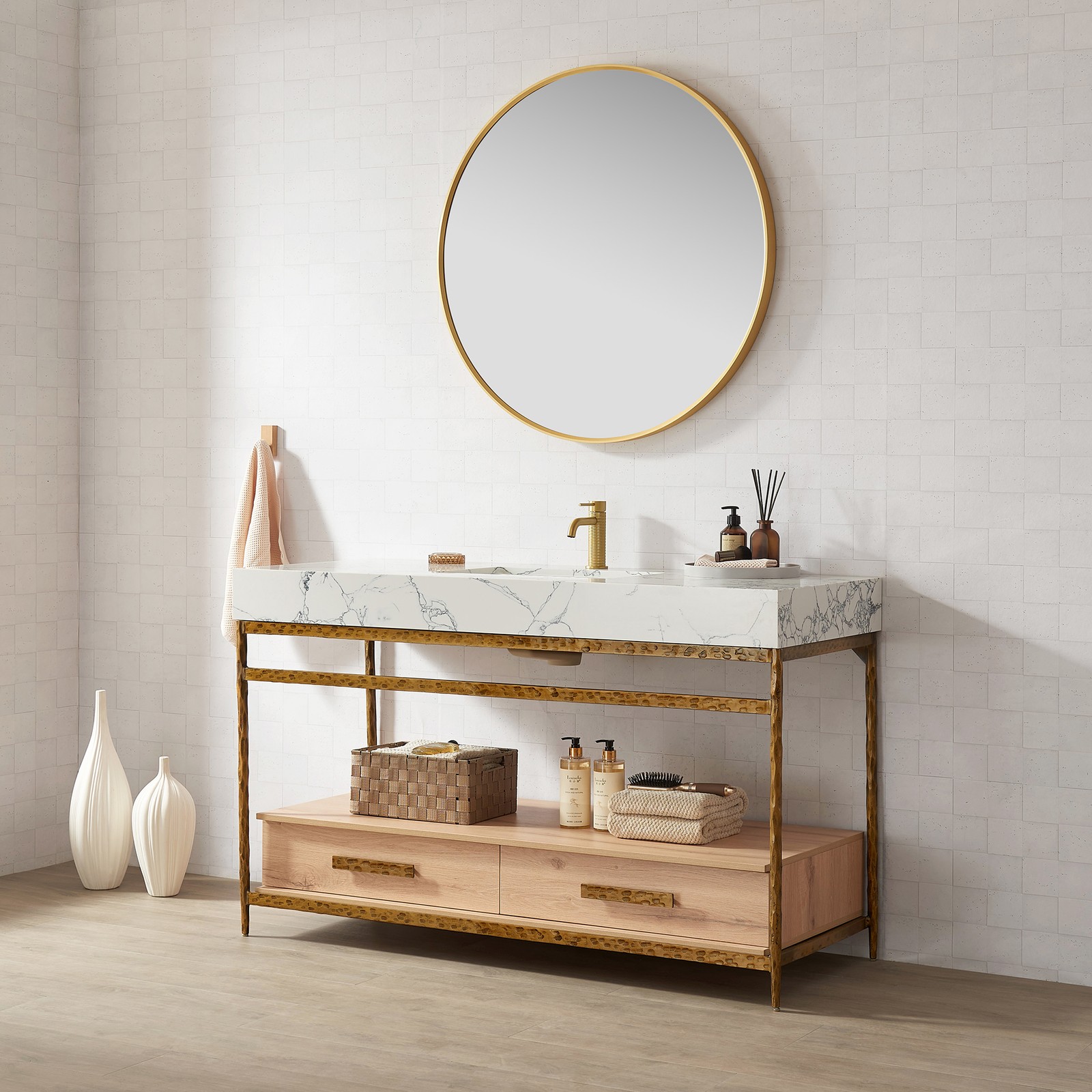 Dhaka 55″ Single Vanity in Yellow Bronze Metal Support with Composite Stone Top