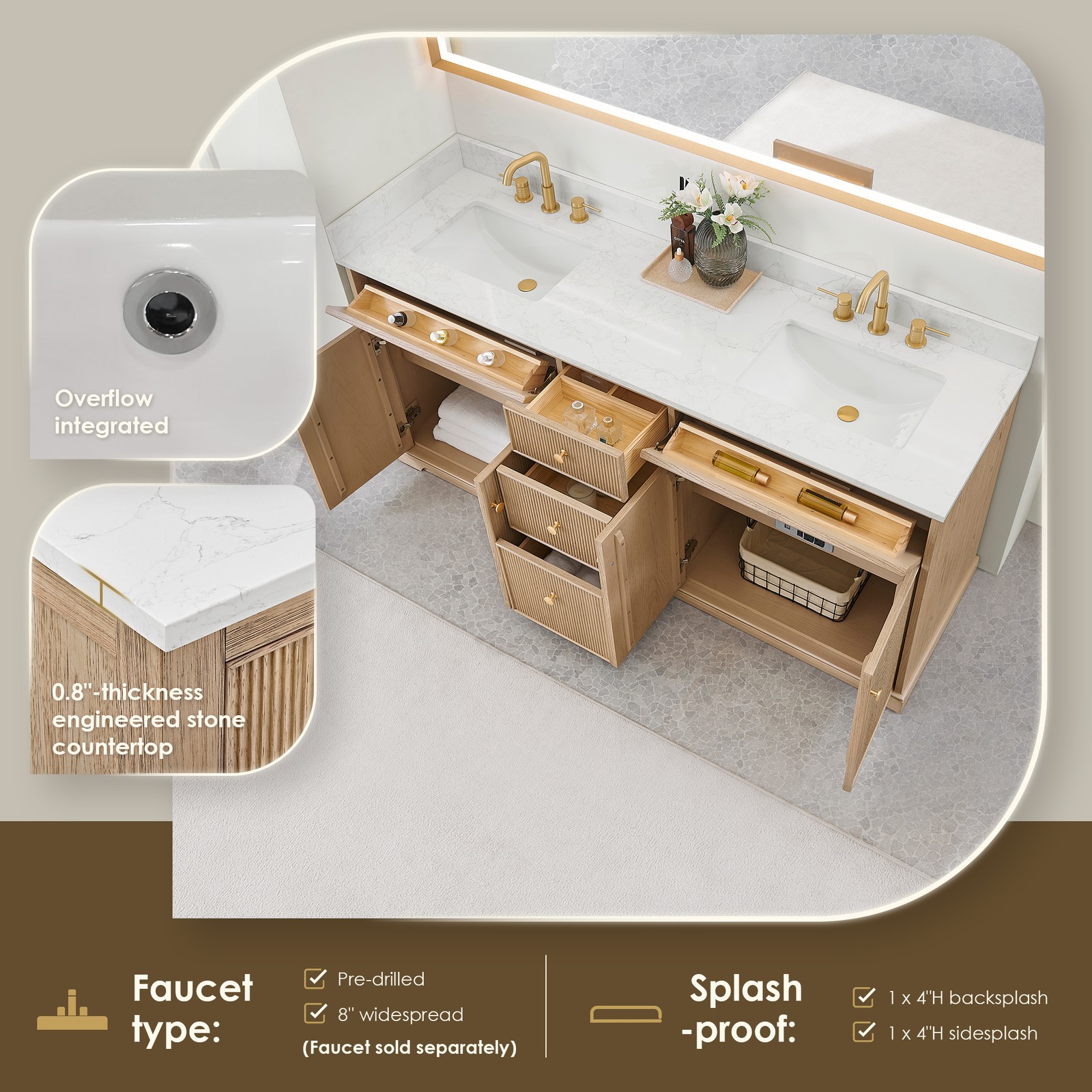 Barnett 72″ Wood Vanity in Natural Oak with White Engineered Stone Top No Mirror
