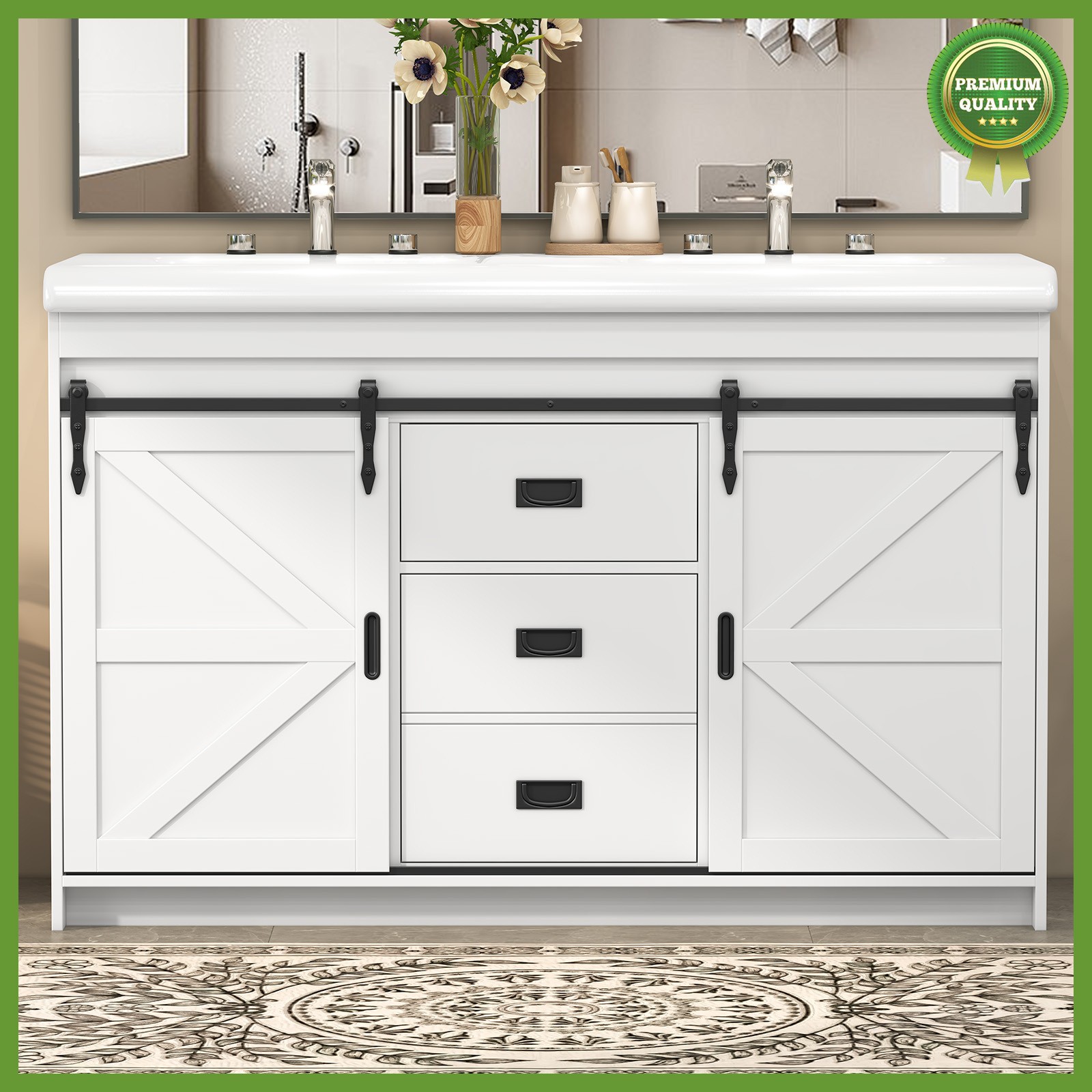 47” Bathroom Vanity w/ 2 Basin Sink Bathroom Cabinet with 3 Drawers Storage Set