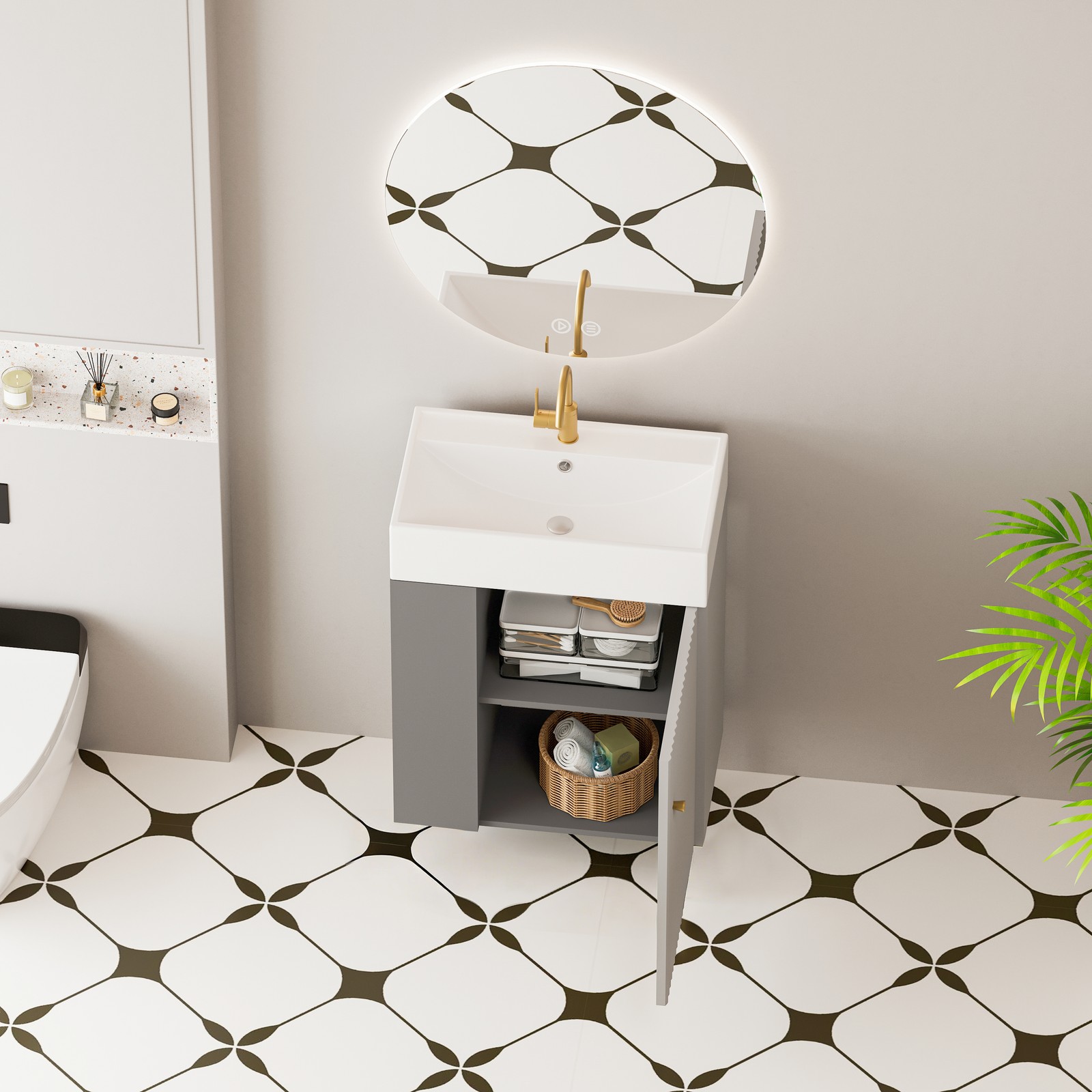Wall-mounted Open-shelving Vanity with Ceramic Sink Grey