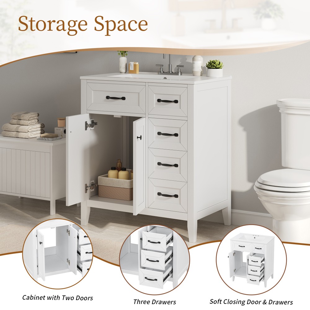 30″ White Bathroom Vanity with Ceramic Sink Freestanding Vanity with Black Metal