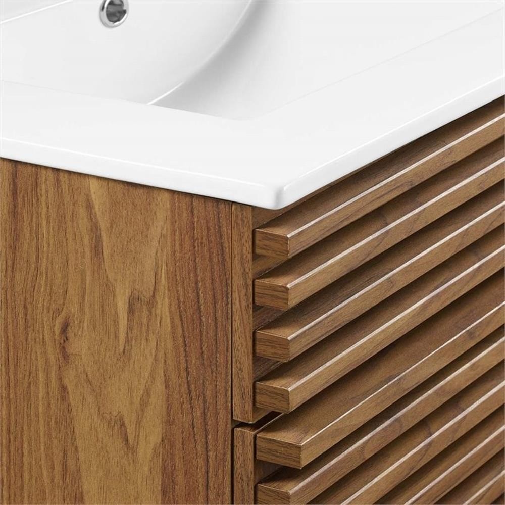 Maklaine Contemporary Wood Bathroom Vanity in Walnut and White