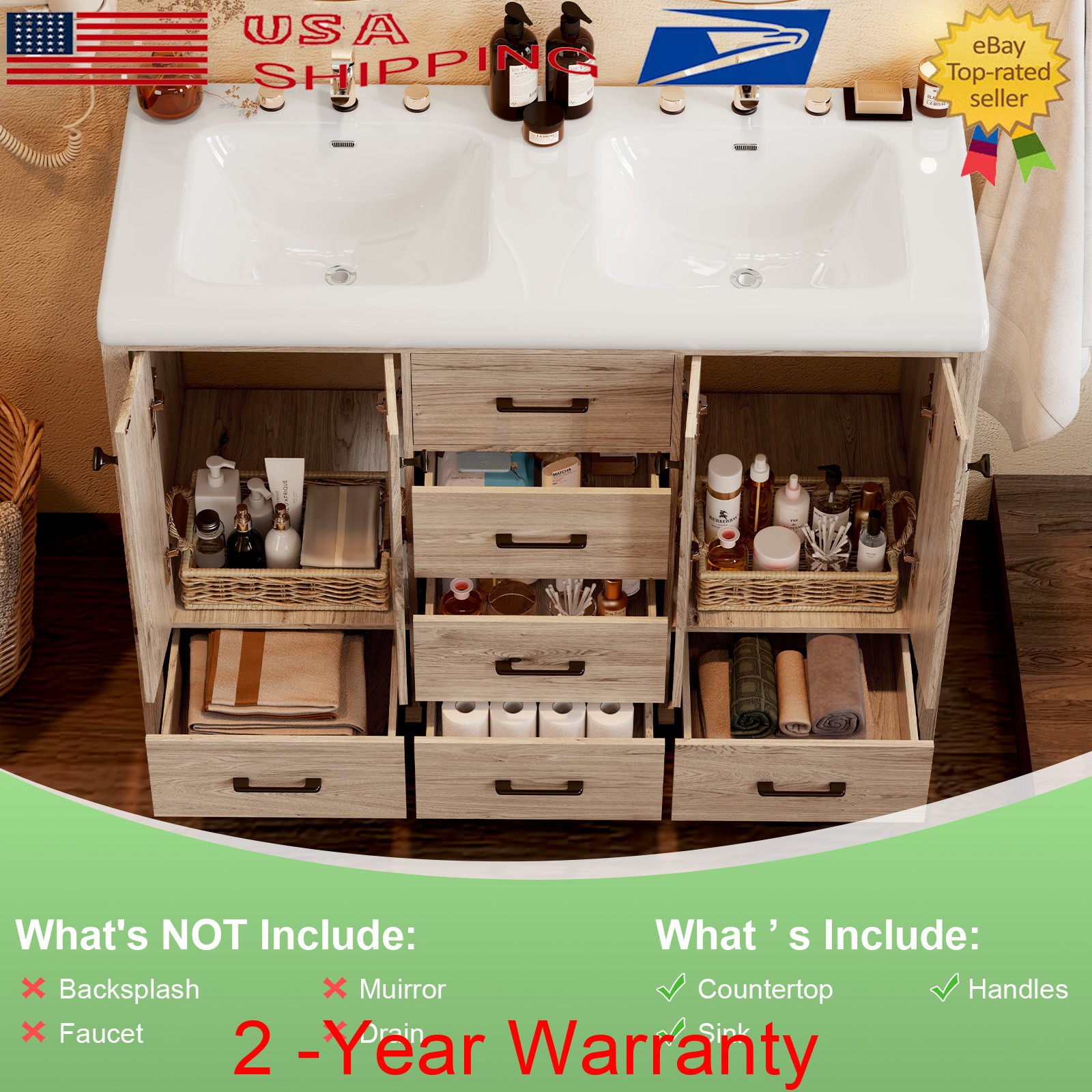47.3″ Bathroom Vanity Set Double Sink Ceramic Storage Cabinet Drawers Wood Grain