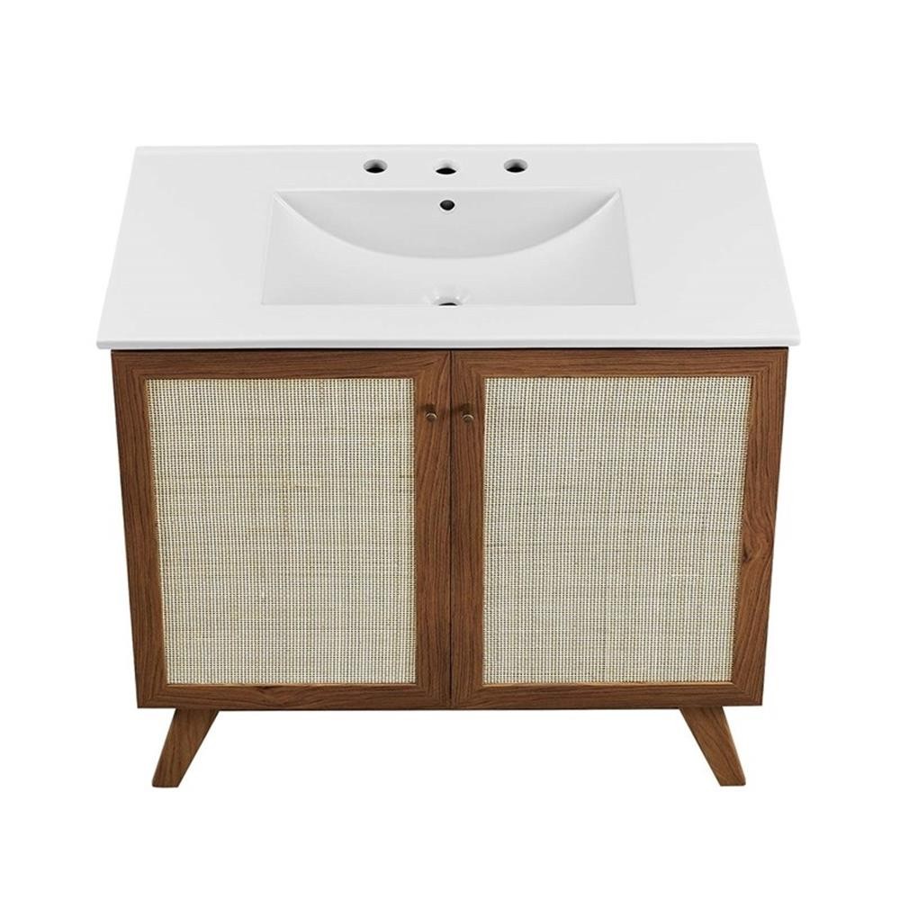 Pemberly Row 36″ Modern Wood Bathroom Vanity with Rattan Door in Walnut/White