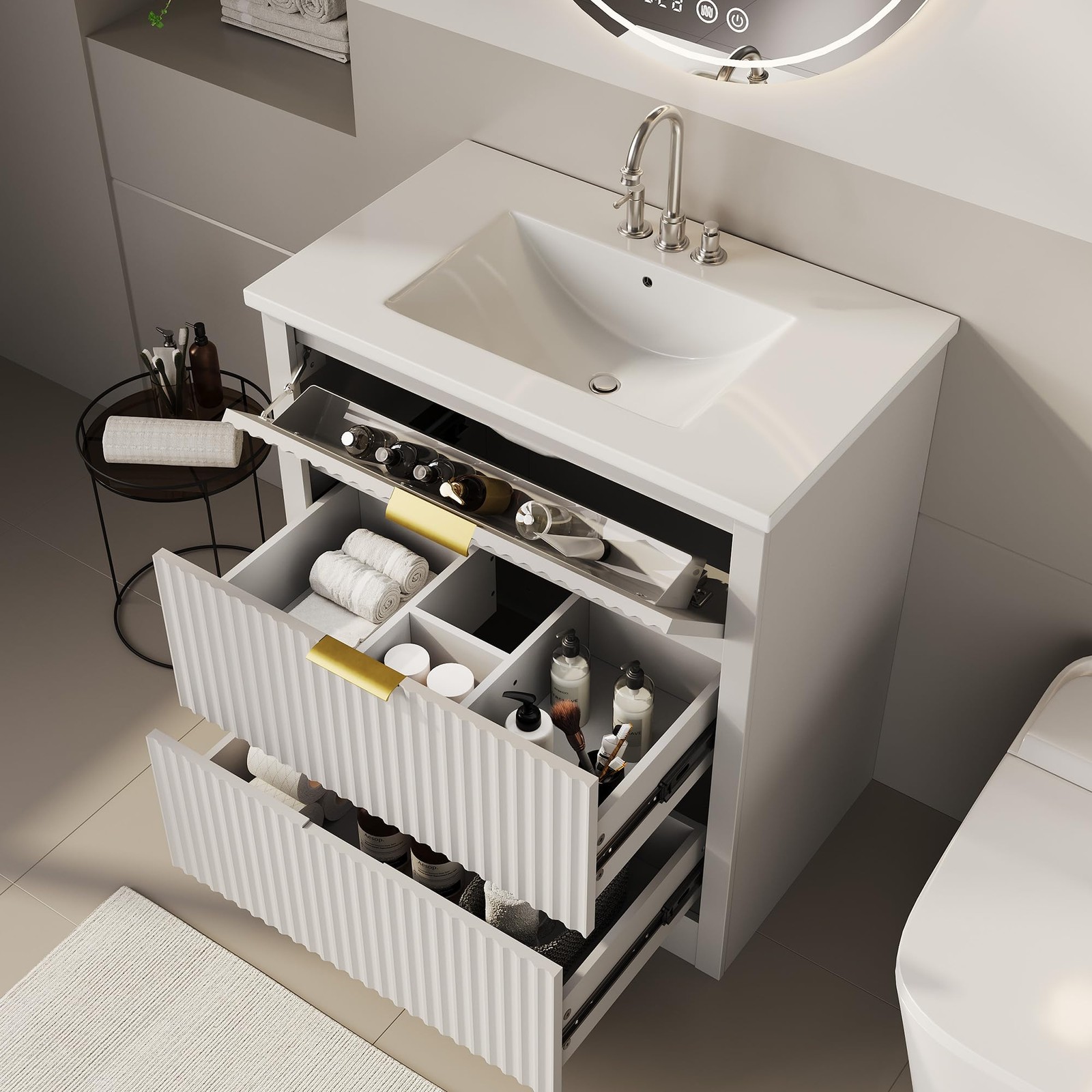 Bathroom Vanity w/ Sink,Fluted Freestanding Vanity Cabinet,Ceramic Basin Vanity