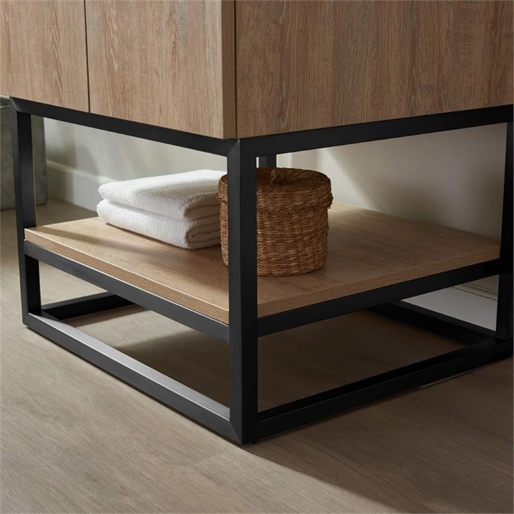 Pemberly Row 24″ White Stone Top Oak Single Vanity Black Frame with o Mirror