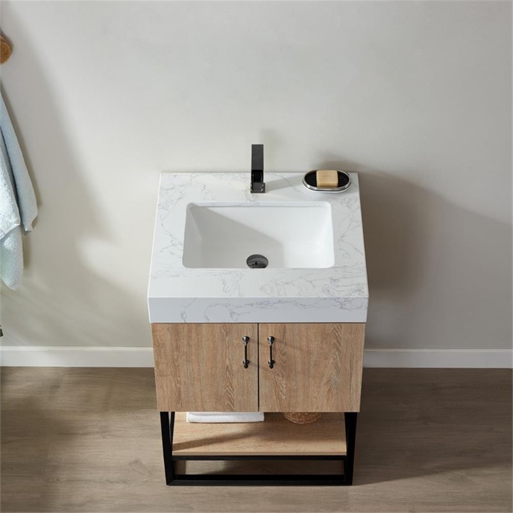 Pemberly Row 24″ White Stone Top Oak Single Vanity Black Frame with o Mirror