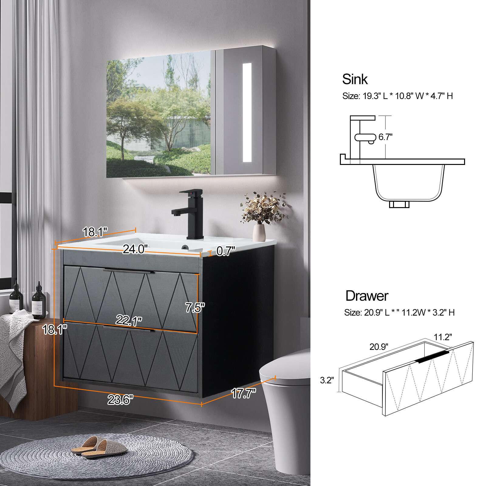 Bathroom Vanity Wall Mounted Cabinet with Ceramic Sink Combo Faucet Drain