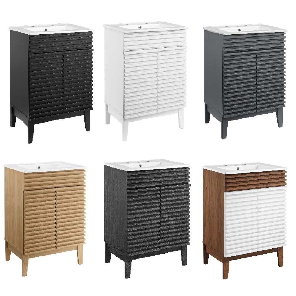 Mid-Century Modern Bathroom Vanity Black, White, Gray, Oak Laminate Tapered Legs
